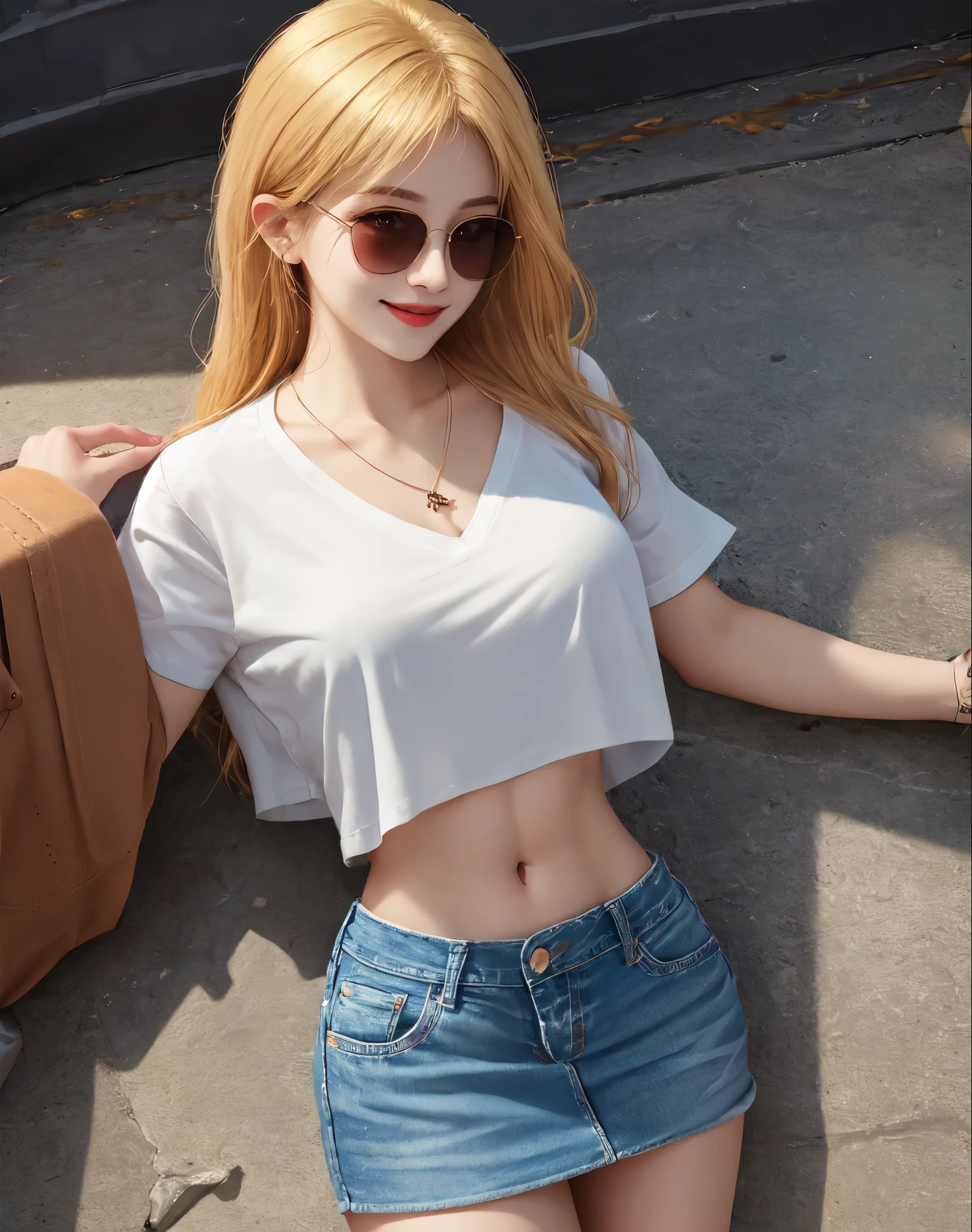 4K, masterpiece, high resolution, abdominal musclesurdres,Natural volumetric lighting and optimal shadows, Deep scene, sharp focus, smiling,Soft, delicate, beautiful and charming face,edge of asia,
Beautiful blonde Nadia，Wearing sunglasses and a necklace,
White shirt and denim skirt, diaphragm,abdominal muscles,
wearing edge of asia, cowboy shooting  