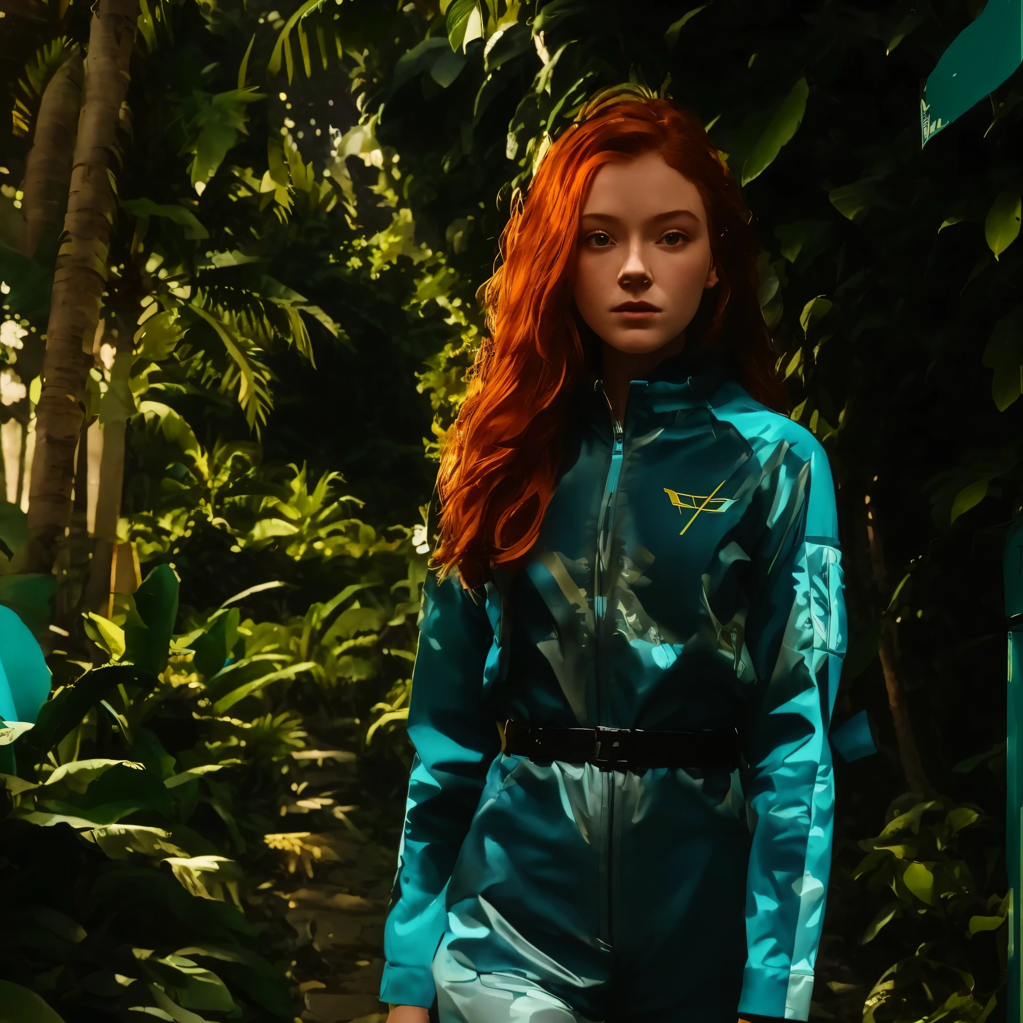 there is a woman in a blue and yellow suit walking down a path, sadie sink, wearing a track suit, with teal clothes, in flight suit, flight suit, chappie in an adidas track suit, wearing flight suit, wearing a tracksuit, teal suit, wearing human air force jumpsuit, ellie bamber fairy, wearing atompunk jumpsuit, in a jungle
