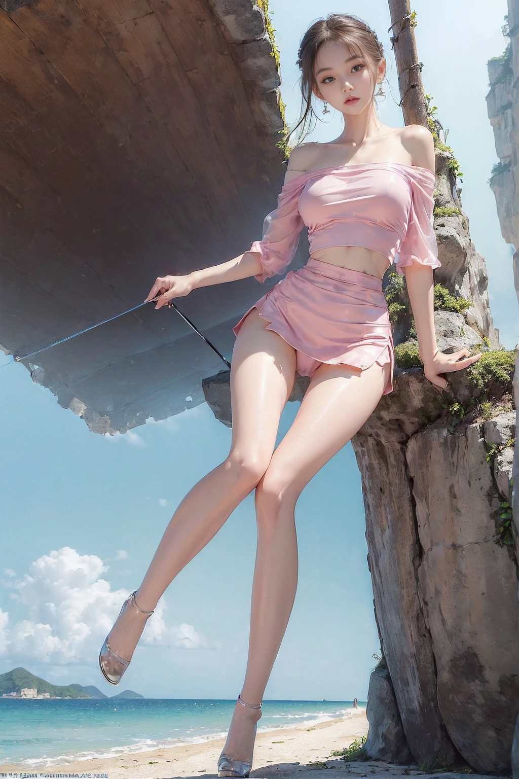 (masterpiece, best quality), pale skin, (baby face), Island beach background, (Purely off-the-shoulder, Short transparent top, high waist skirt, tight mini skirt:1.3), (Skinny Thighs:1.9, Yao Liu, lose weight, long legs, thin legs:1.9), blonde hair, (huge , lift your hips, straight legs), Show belly button, (Wide thigh clearance:1.6, wide gap between thighs:1.6), whole body forward, Nipple protrusion, pink breast bulge, Camel toe bump, (Facing age Barbara Palvin)