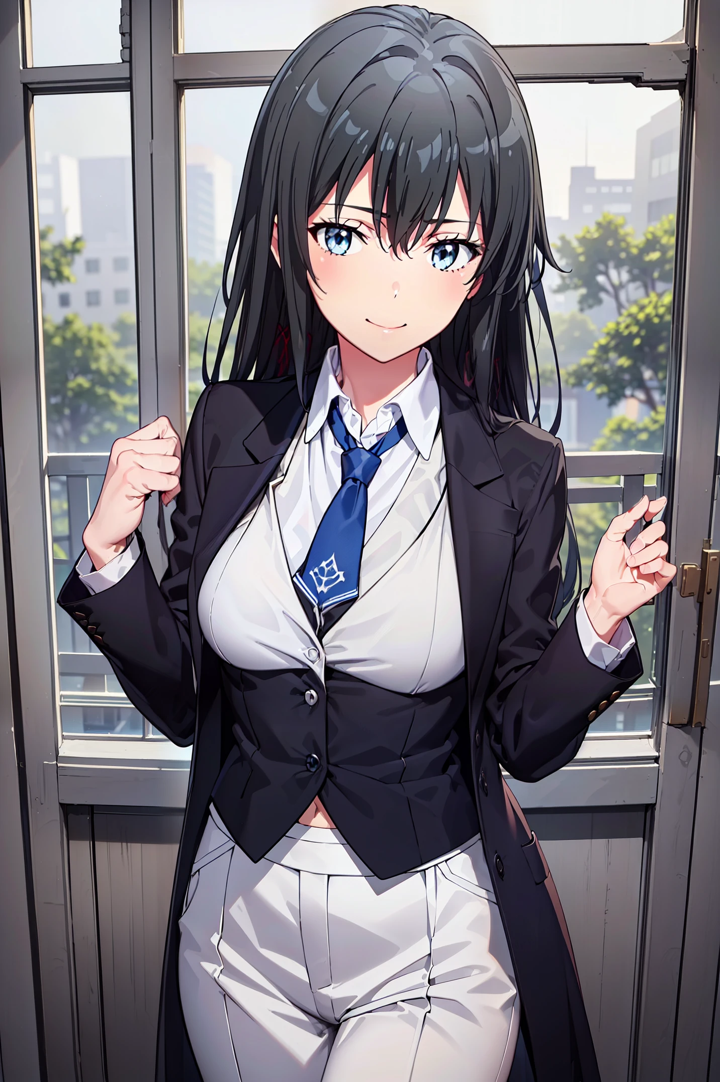 ((best quality)), ((masterpiece)), (detailed) 1girl 1girl, ;\), blurry, blurry_background, breasts, , hair_long , looking_at_viewer, ok_sign, one_eye_closed, open_hand, Yukinoshita Yukino ,Woman wearing formal clothes, An attractive coat stands in a large gap in the room , 1girl, 独奏, blue necktie, Black hair, eyes blue, long hair, smile , collared shirt, white pants, white shirt , Elegantly designed coat , Stand in front of a window ,Perfectly tailored tailcoat. It has a stunning Victorian design and is made of lustrous fabric , soft thighs , full body