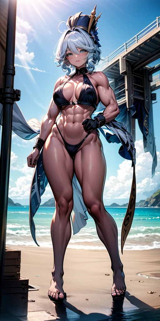 Furina from Genshin Impact), 1 girl, standing (on the beach), blue painted nails, {{{thong bikini}}}, (((muscular legs))), (((showing her big ass to me))), muscular belly, standing, bare foot, (full body photo), (short hair), medium breasts, eye reflection, elongated eyes, elongated eyes, bad mood, anime, anime style, Cinematic lighting , shine, JPEG artifacts, bright light, divine rays, ray tracing, panorama, canon, UHD, master piece, textured skin, Super Detail, High details, best quality, very high resolution, 16k