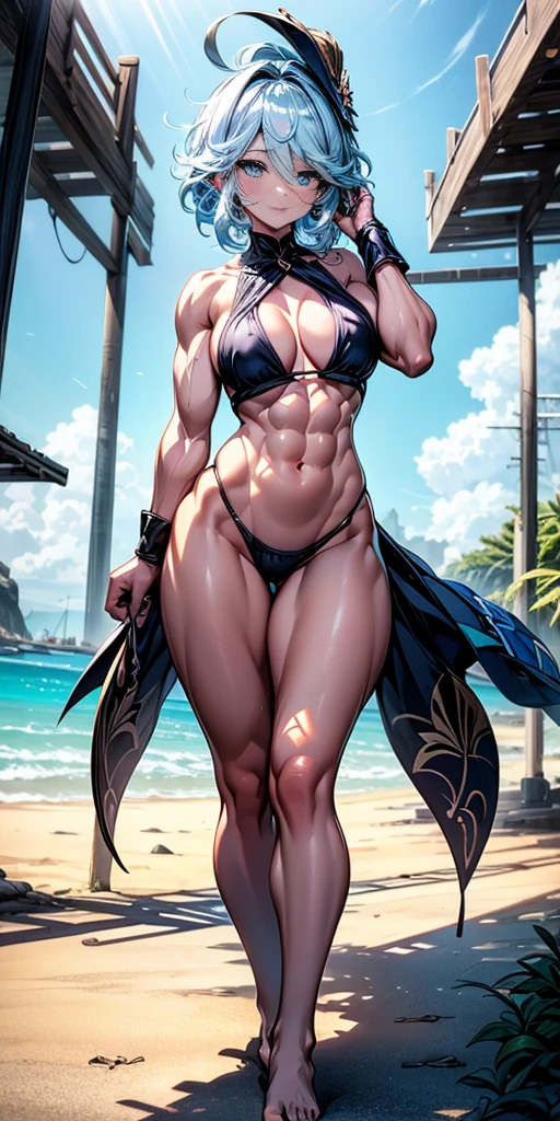 Furina from Genshin Impact), 1 girl, standing (on the beach), blue painted nails, {{{thong bikini}}}, (((muscular legs))), (((showing her big ass to me))), muscular belly, standing, bare foot, (full body photo), (short hair), medium breasts, eye reflection, elongated eyes, elongated eyes, bad mood, anime, anime style, Cinematic lighting , shine, JPEG artifacts, bright light, divine rays, ray tracing, panorama, canon, UHD, master piece, textured skin, Super Detail, High details, best quality, very high resolution, 16k