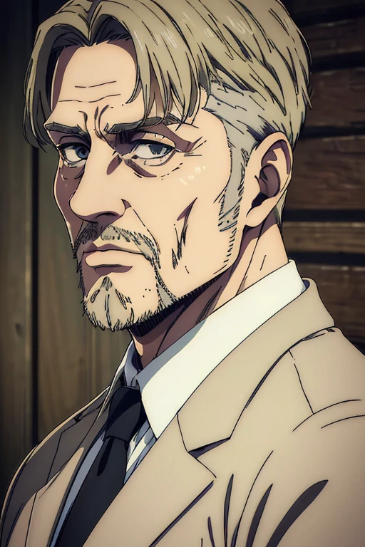 (best quality,4k,8k,highres,masterpiece:1.2),ultra-detailed,(realistic,photorealistic,photo-realistic:1.37),portraits,mappa art style, 45 old male character,grey eyes,short blonde hair,split hairstyle,black suit,distinguished look,sharp jawline, stubble beard ,some wrinkles on forehead and cheeks 