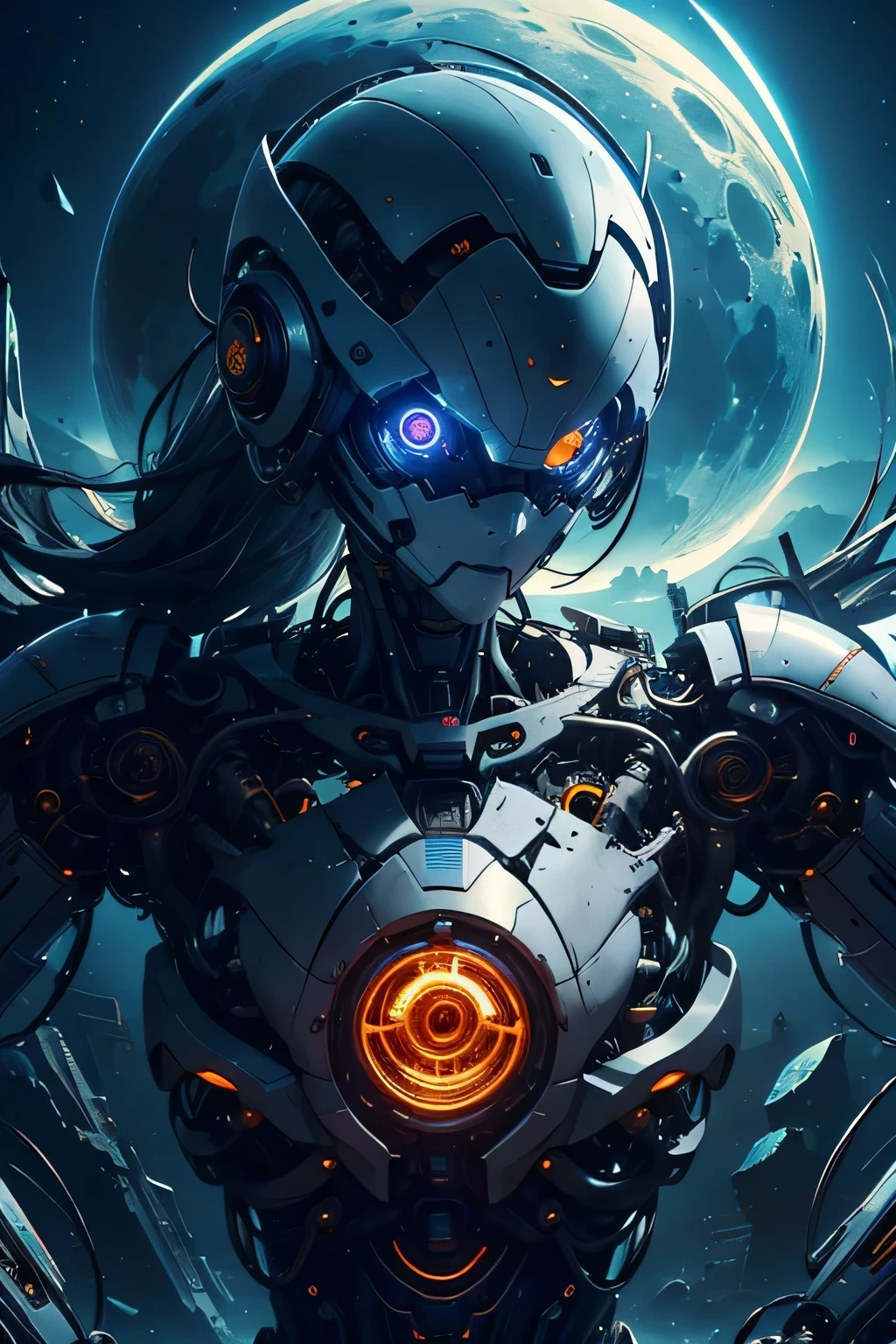 CG Mecha、beautiful eyes、Upper body、woman、（（whole body image））、Portrait、robot、white orange armor、neon、8K、born、Highest image quality、muste piece、ultra high resolution、colorful、(Medium-wide)、(Dynamic Perspective)、sharp focus、(Depth of bounds written)、highly detailed eyes and face、beautiful detailed eyes、Black gold、trimming gear:1.2)、((muste piece、Highest image quality))、detailed background、Inside the spacecraft、gray hair、Luminescent、full moon、gtx4090、stand up、matrix、,Crescent Moon、abyss、perfect form