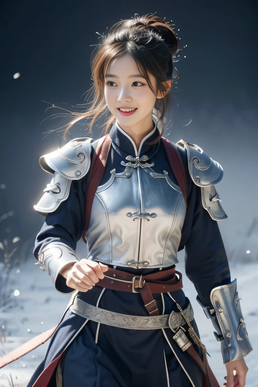 Chinese female general Hua Mulan,Navy blue Confucian robe lining,Silver metal breastplate,battlefield background,majestic,Smile(open mouth)(The corners of the mouth are raised),Leather tunic,Knee pads,eight clones,silver metal headband,Hair bun raised high。wild wilderness background