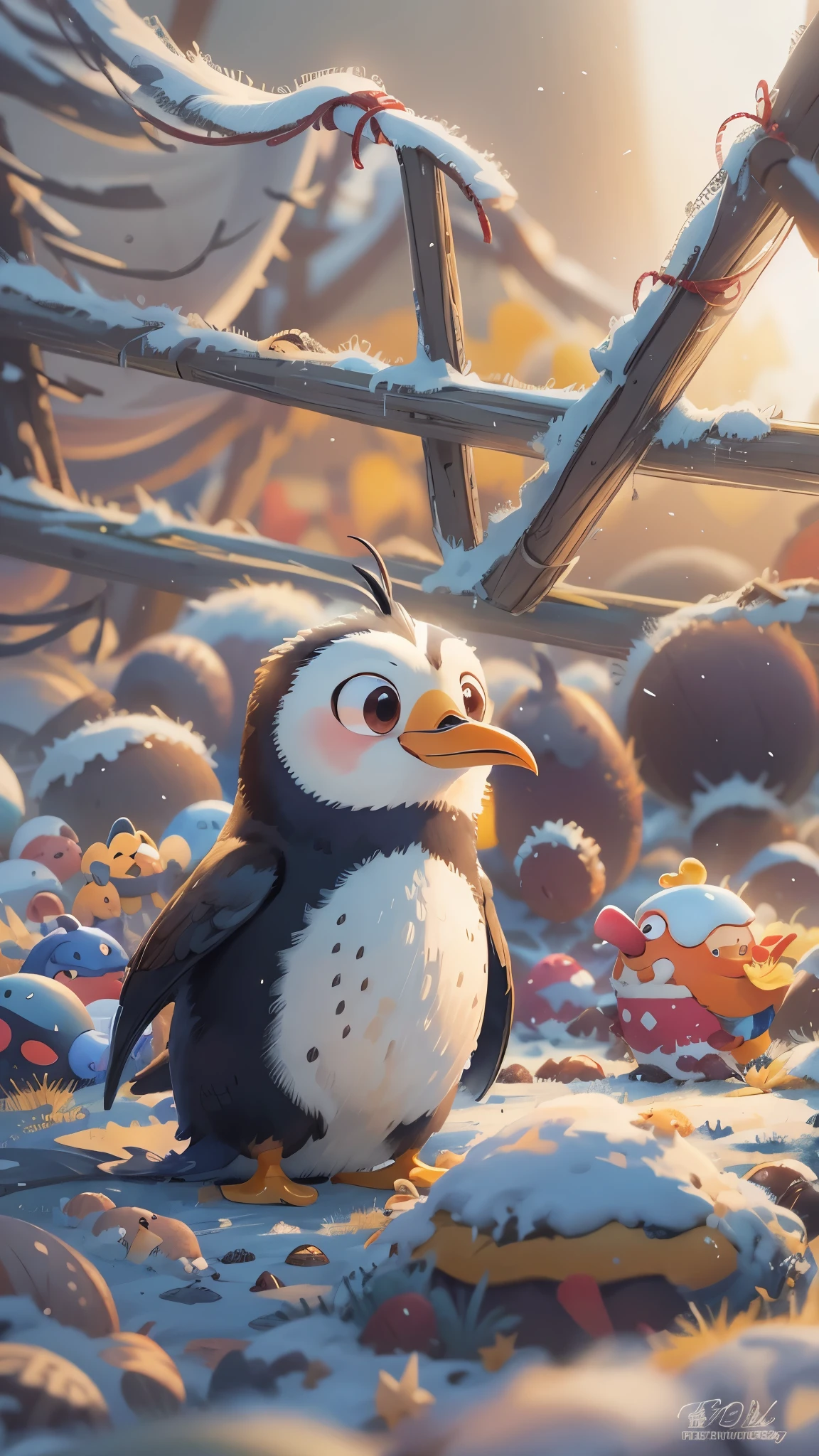 可爱的emperorpenguin在雪地上玩耍， Pixar style, best quality, stills, very cute, big eyes,   ，orange beak,  correct beak，Very happy，emperorpenguin，high details, high quality, masterpiece, ccurate, super detail，