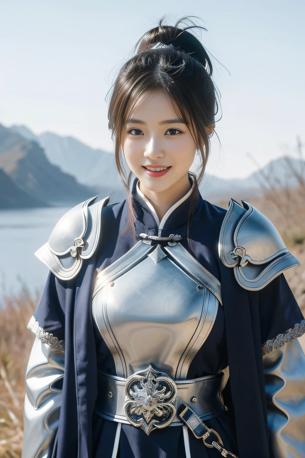 Chinese female general Hua Mulan,Navy blue Confucian robe lining,Silver metal breastplate,battlefield background,majestic,Smile(open mouth)(The corners of the mouth are raised),Leather tunic,Knee pads,eight clones,silver metal headband,Hair bun raised high。wild wilderness background
