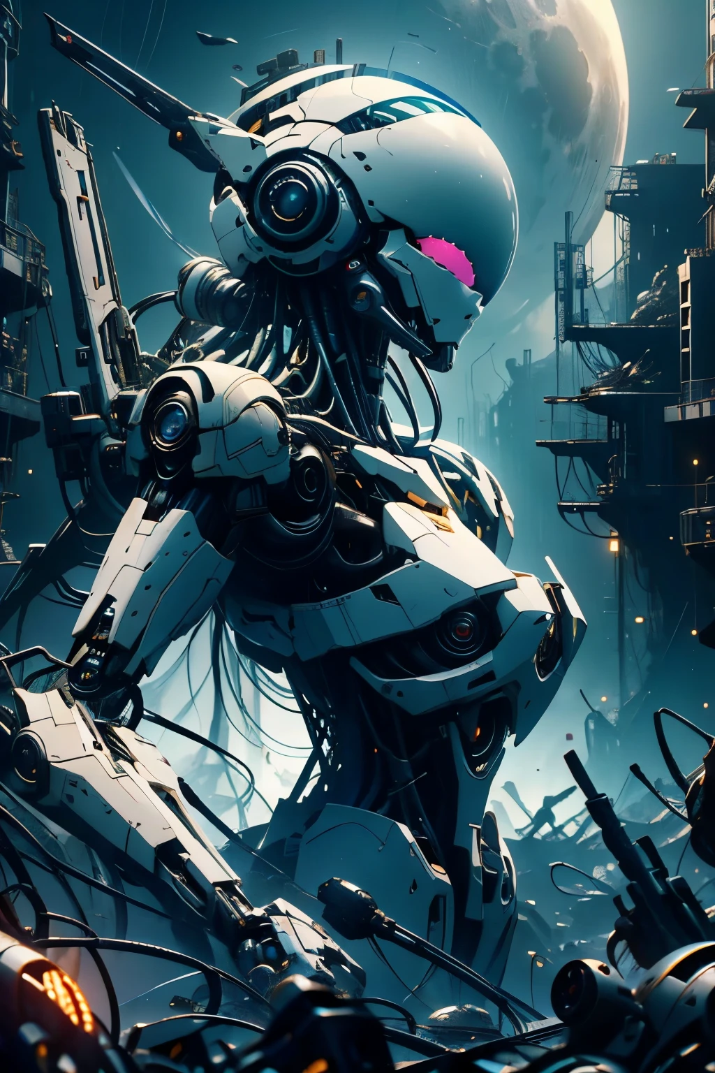 CG Mecha、beautiful eyes、Upper body、woman、（（whole body image））、Portrait、robot、white orange armor、neon、8K、born、Highest image quality、muste piece、ultra high resolution、colorful、(Medium-wide)、(Dynamic Perspective)、sharp focus、(Depth of bounds written)、highly detailed eyes and face、beautiful detailed eyes、Black gold、trimming gear:1.2)、((muste piece、Highest image quality))、detailed background、Inside the spacecraft、gray hair、Luminescent、full moon、gtx4090、stand up、matrix、,Crescent Moon、abyss、perfect form