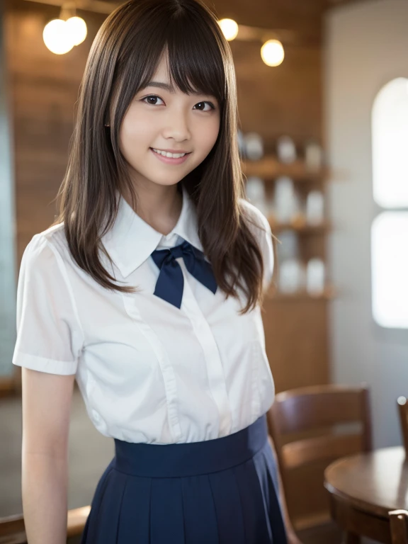 8K, highest quality, The real picture, Intricate details, Very detailed, Ultra-high resolution, Depth Field,(Realistic,Realistic:1.2),Tabletop , Full Body Shot , From the middle , 1 girl, eye_Chan, Very beautiful 17 year old girl, innocent big eyes,、Beautiful breasts:1.5、非常に詳細なeye:1.2)、(Beautiful breasts:1.1)、((Brown Hair))、(Medium Long Hair), Asymmetrical bangs, Perfect Skin, Fair skin, Small breasts, Tight waist, alone, Staring at the audience, (smile)、((School_uniform), (Spread your legs), (White shirt、Wear a tie), (Blue and pink checkered pleated micro mini skirt), ((Arms folded in front of chest)), ((楽しそうなsmile))