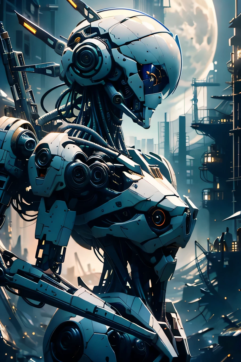 CG Mecha、beautiful eyes、Upper body、woman、（（whole body image））、Portrait、robot、white orange armor、neon、8K、born、Highest image quality、muste piece、ultra high resolution、colorful、(Medium-wide)、(Dynamic Perspective)、sharp focus、(Depth of bounds written)、highly detailed eyes and face、beautiful detailed eyes、Black gold、trimming gear:1.2)、((muste piece、Highest image quality))、detailed background、Inside the spacecraft、gray hair、Luminescent、full moon、gtx4090、stand up、matrix、,Crescent Moon、abyss、perfect form