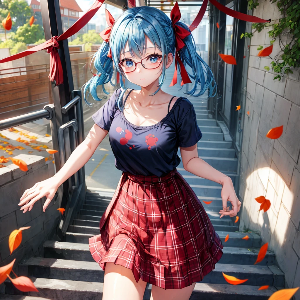 blue hair、Red-blonde、blue eyes、Braid、one good looking girl、solo、anime、Plaid miniskirt、camisole、black t-shirt、Tilting your face、Doing the ribbon、Ribbon at waist、sunset sky、stone stairs、petal、tunnel、Fallen leaves、wearing glasses、、Trying to get on the train、Burning、Have an insect net、Light and shadow