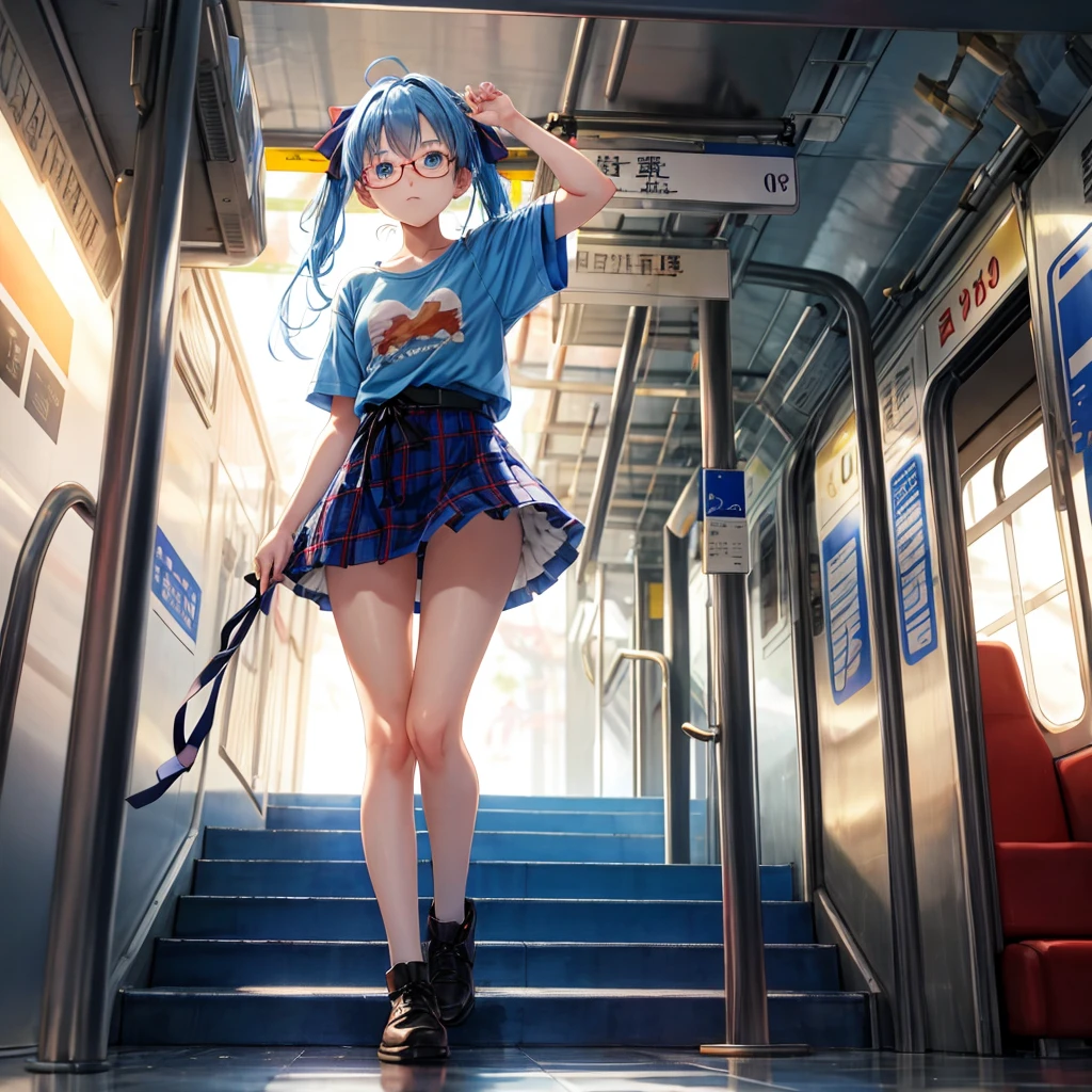 blue hair、Red-blonde、blue eyes、Braid、one good looking girl、solo、anime、Plaid miniskirt、camisole、black t-shirt、Tilting your face、Doing the ribbon、Ribbon at waist、sunset sky、stone stairs、petal、tunnel、Fallen leaves、wearing glasses、、Trying to get on the train、Burning、Have an insect net、Light and shadow