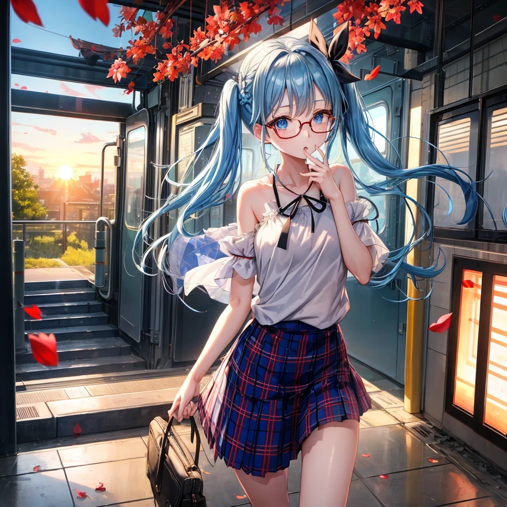 blue hair、Red-blonde、blue eyes、Braid、one good looking girl、solo、anime、Plaid miniskirt、camisole、black t-shirt、Tilting your face、Doing the ribbon、Ribbon at waist、sunset sky、stone stairs、petal、tunnel、Fallen leaves、wearing glasses、、Trying to get on the train、Burning、Have an insect net、Light and shadow