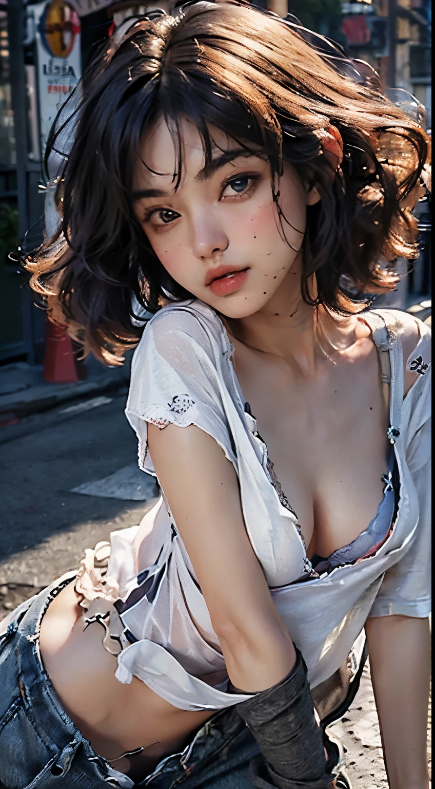 Best quality, masterpiece, ultra high resolution, (photorealistic: 1.4), sexy photo, 1girl curly blonde hair, sexy mouth, big open unbuttoned outfit with neckline, off shoulder, cinematic lighting,(Best quality, 8k, 32k, masterpiece, UHD: 1.2), photo of beautiful american woman, long matted blonde hair, beauty face, (leaning forward: 1.5), squat, (from top: 1.5), (close up: 1.4), POV, ((loose t-shirt:2)), ((small breasts:1.5)), (beautiful breast and bra slip:1.9), outdoors, windy, shiny skin, blurred background, (cleavage), (downblouse:1.5), ((flat chest:1.5))