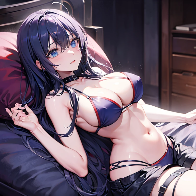 Black hair, blue eyes, large breast, sexy, beautiful body, (red bikini), bed