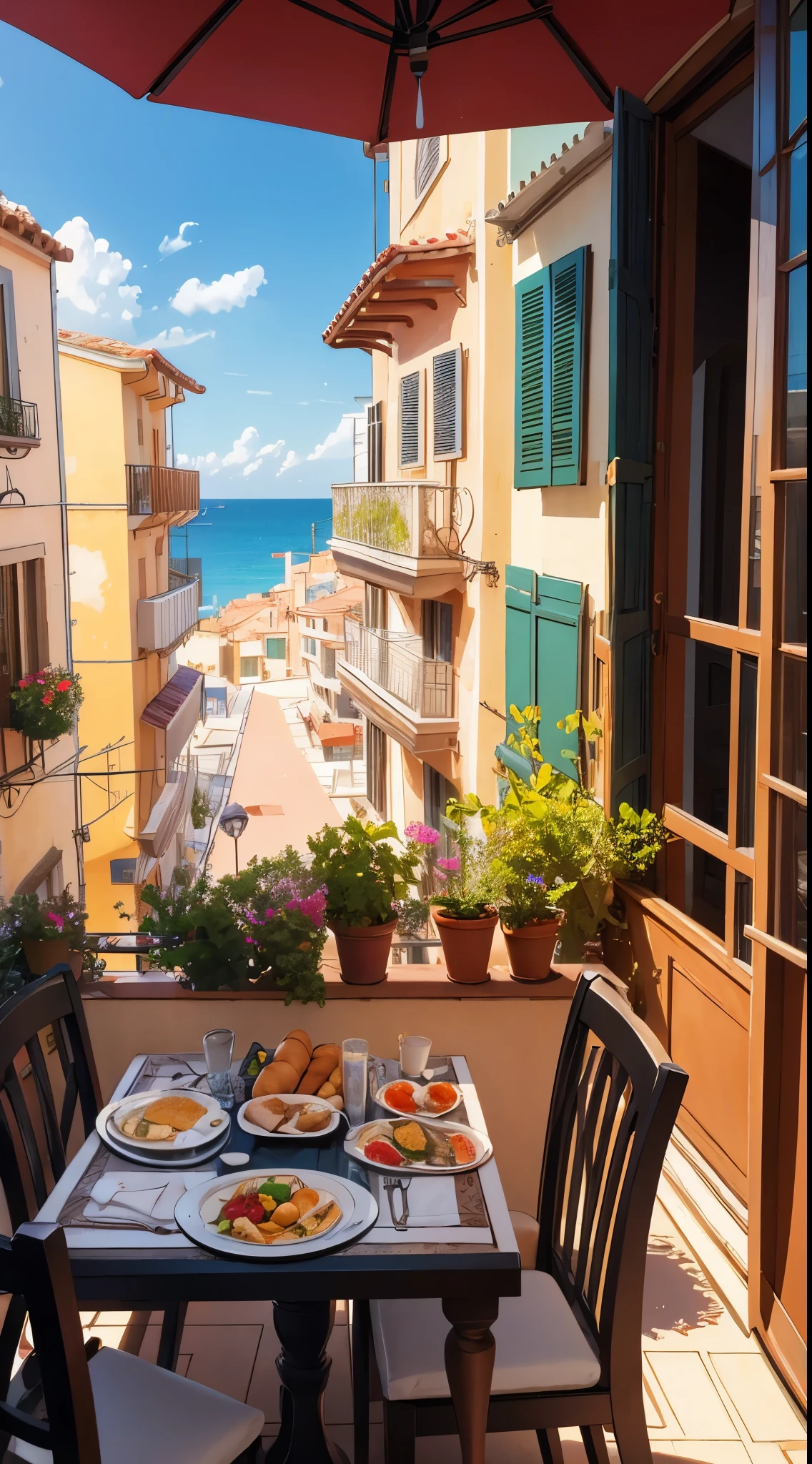 Mediterranean breakfast on a balcony in Saint Tropez. Iphone photography. anime, ghibli, 8k, 16k, ultra-detailed, ultra sharp, structurally correct, vivid, flawless