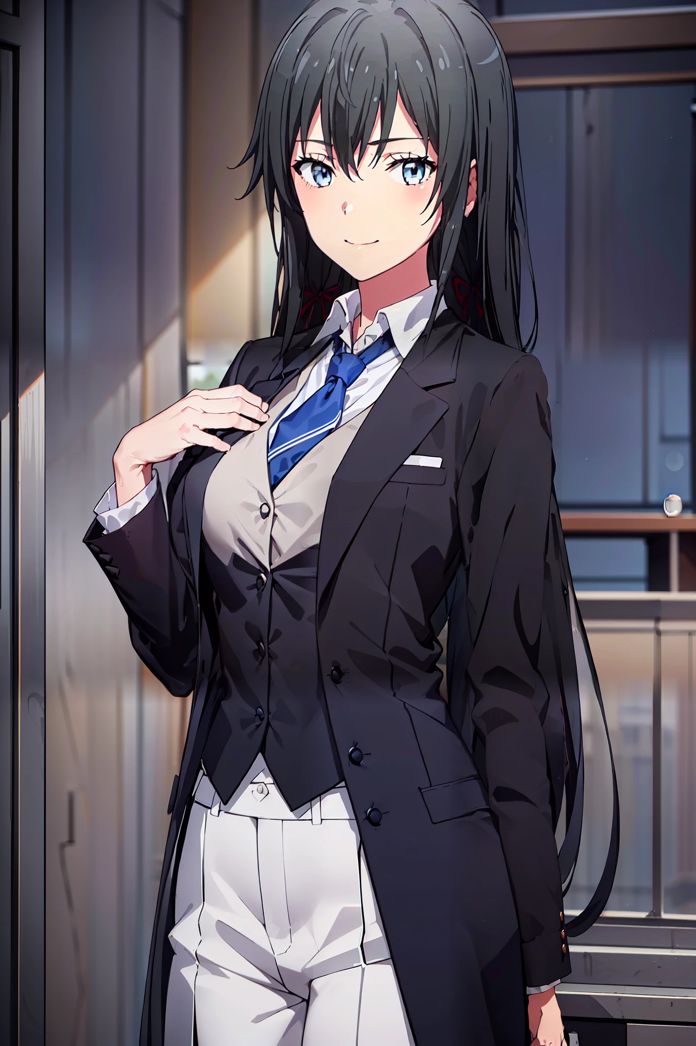 ((best quality)), ((masterpiece)), (detailed) 1girl 1girl, ;\), blurry, blurry_background, breasts, , hair_long , looking_at_viewer, ok_sign, one_eye_closed, open_hand, Yukinoshita Yukino ,Woman wearing formal clothes, An attractive coat stands in a large gap in the room , 1girl, 独奏, blue necktie, Black hair, eyes blue, long hair, smile , collared shirt, white pants, white shirt , Elegantly designed coat , Stand in front of a window ,Perfectly tailored tailcoat. It has a stunning Victorian design and is made of lustrous fabric , soft thighs , full body