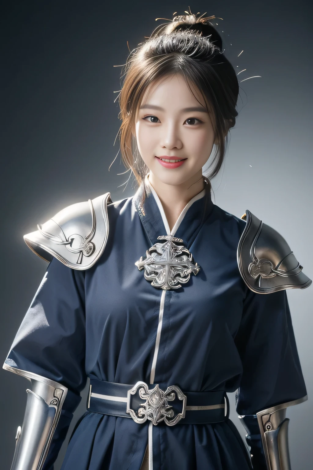 Chinese female general Hua Mulan，Navy blue Confucian robe lining，Silver metal breastplate，battlefield background，majestic，Smile（open mouth）（The corners of the mouth are raised），Leather tunic，Knee pads，eight clones，silver metal headband，Hair bun raised high。wild wilderness background