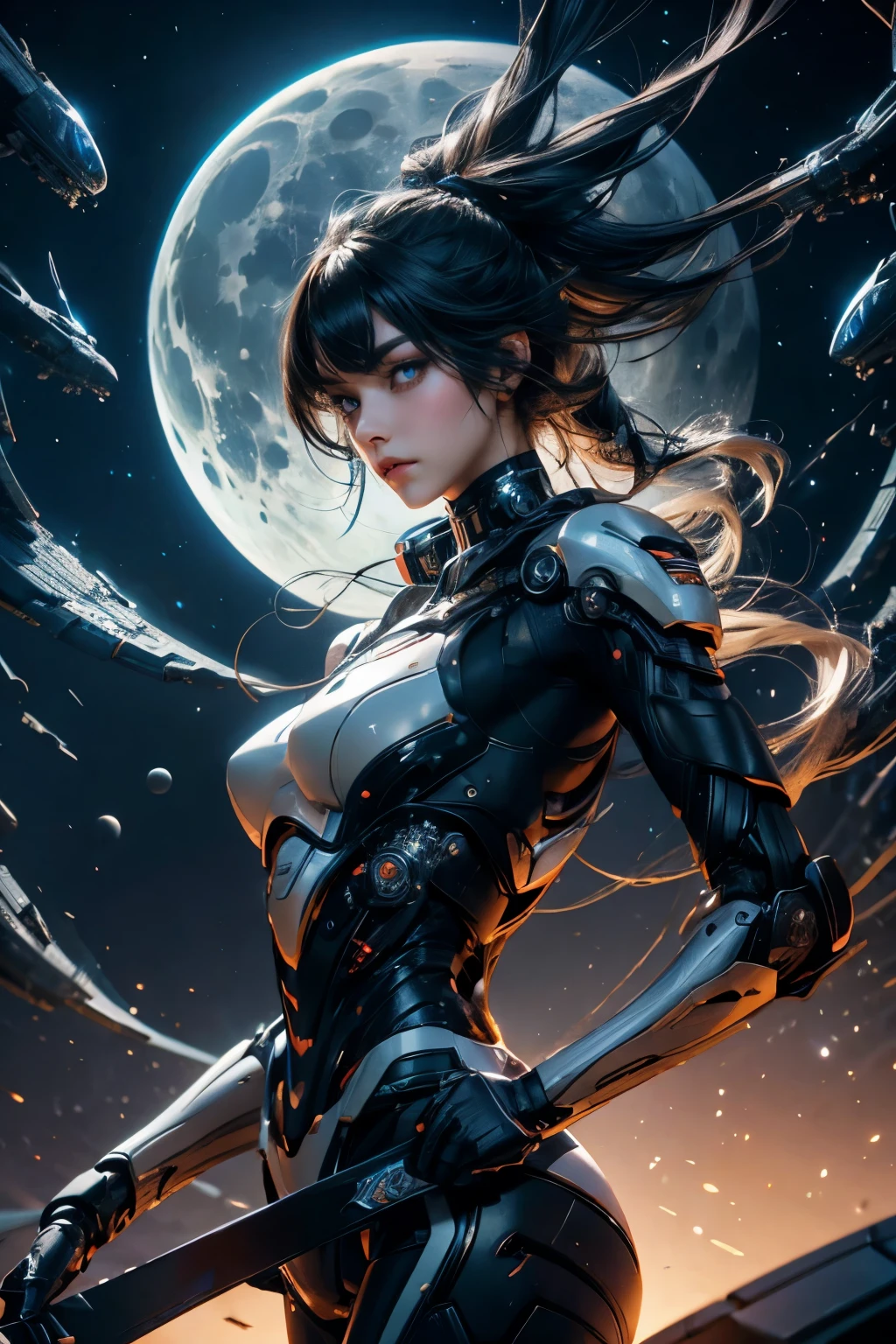 CG Mecha、beautiful eyes、Upper body、woman、（（whole body image））、Portrait、robot、White orange、neon、8K、born、Highest image quality、muste piece、ultra high resolution、colorful、(Medium-wide)、(Dynamic Perspective)、sharp focus、(Depth of bounds written)、highly detailed eyes and face、beautiful detailed eyes、Black gold、trimming gear:1.2)、((muste piece、Highest image quality))、detailed background、Inside the spacecraft、gray hair、Luminescent、full moon、gtx4090、stand up、matrix、,Crescent Moon、abyss、perfect form