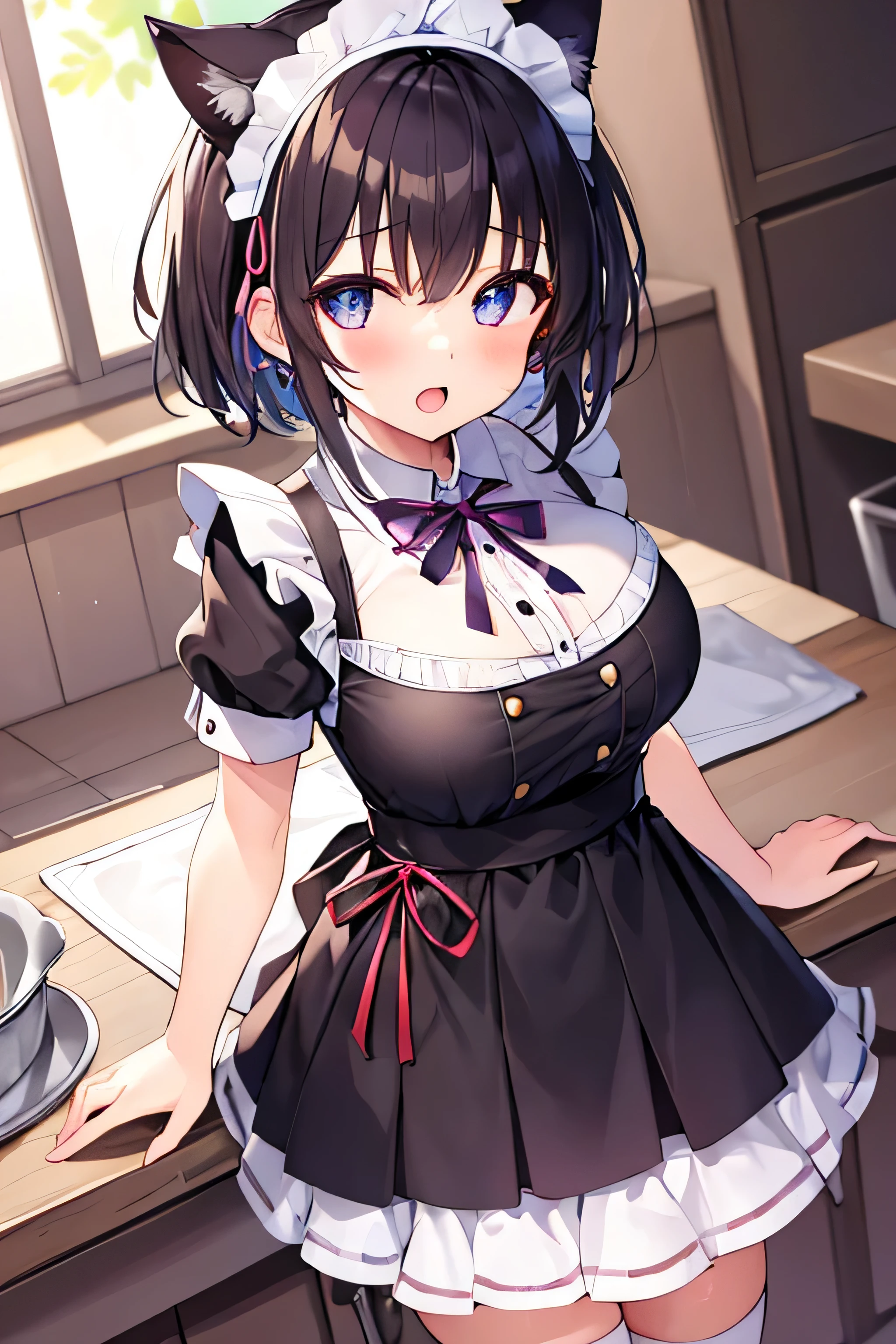 masterpiece、Highest image quality、ultra high resolution、big breasted girl、short hair、red face、mock、Please open your mouth just a little、Short sleeve maid uniform for elementary school skirt for elementary school girls、Maid headband for elementary school girls、Striped knentary school girls、in the kitchen