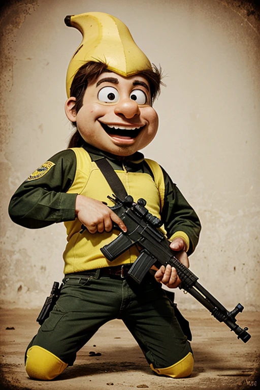 A crazy banana holding a rifle in his hand in Cartoon