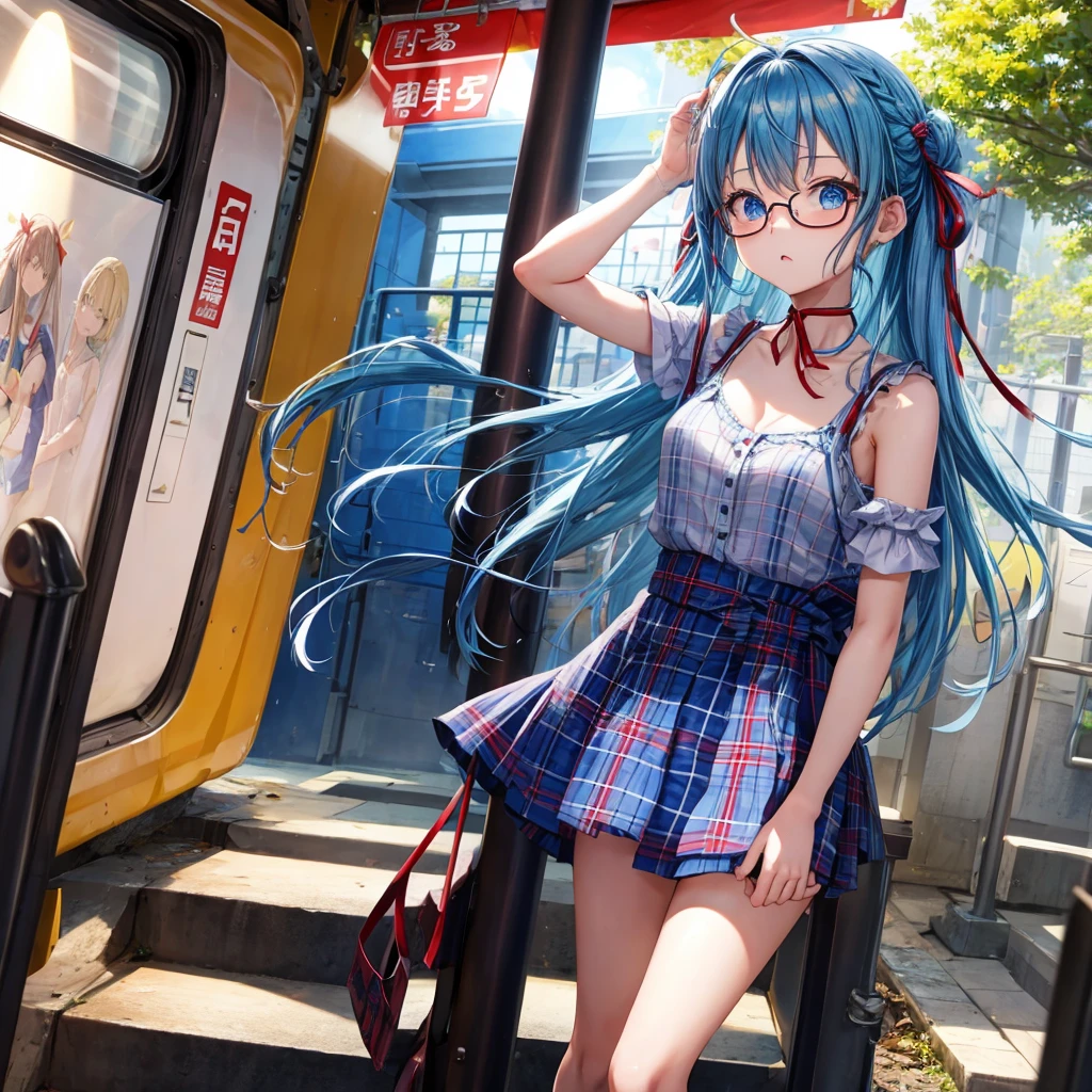 blue hair、Red-blonde、blue eyes、Braid、one good looking girl、solo、anime、Plaid miniskirt、camisole、black t-shirt、Tilting your face、Doing the ribbon、Ribbon at waist、sunset sky、stone stairs、petal、tunnel、Fallen leaves、wearing glasses、、Trying to get on the train、Burning、Have an insect net、Light and shadow