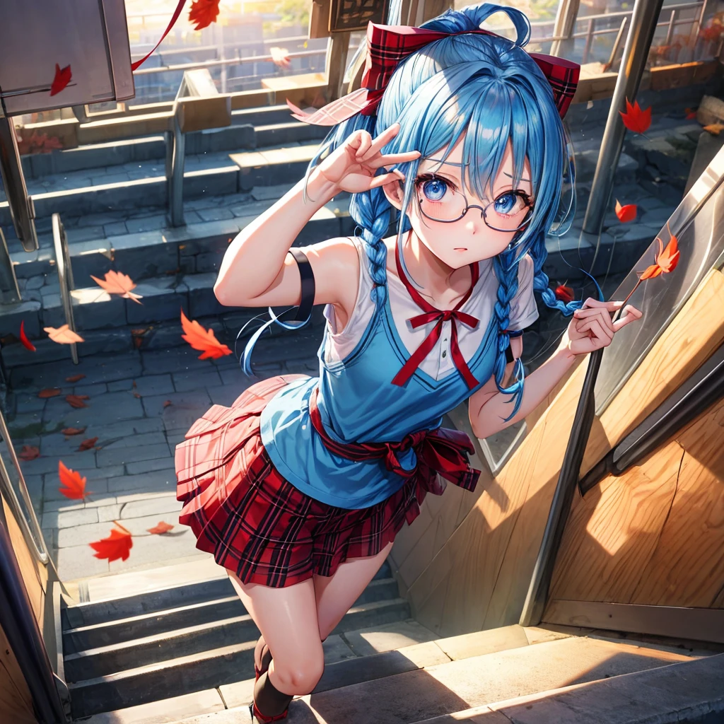 blue hair、Red-blonde、blue eyes、Braid、one good looking girl、solo、anime、Plaid miniskirt、camisole、black t-shirt、Tilting your face、Doing the ribbon、Ribbon at waist、sunset sky、stone stairs、petal、tunnel、Fallen leaves、wearing glasses、、Trying to get on the train、Burning、Have an insect net、Light and shadow