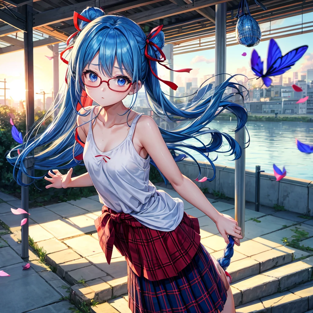 blue hair、Red-blonde、blue eyes、Braid、one good looking girl、solo、anime、Plaid miniskirt、camisole、black t-shirt、Tilting your face、Doing the ribbon、Ribbon at waist、sunset sky、stone stairs、petal、tunnel、Fallen leaves、wearing glasses、、Trying to get on the train、Burning、Have an insect net、Light and shadow