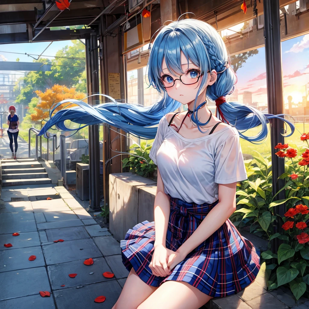 blue hair、Red-blonde、blue eyes、Braid、one good looking girl、solo、anime、Plaid miniskirt、camisole、black t-shirt、Tilting your face、Doing the ribbon、Ribbon at waist、sunset sky、stone stairs、petal、tunnel、Fallen leaves、wearing glasses、、Trying to get on the train、Burning、Have an insect net、Light and shadow