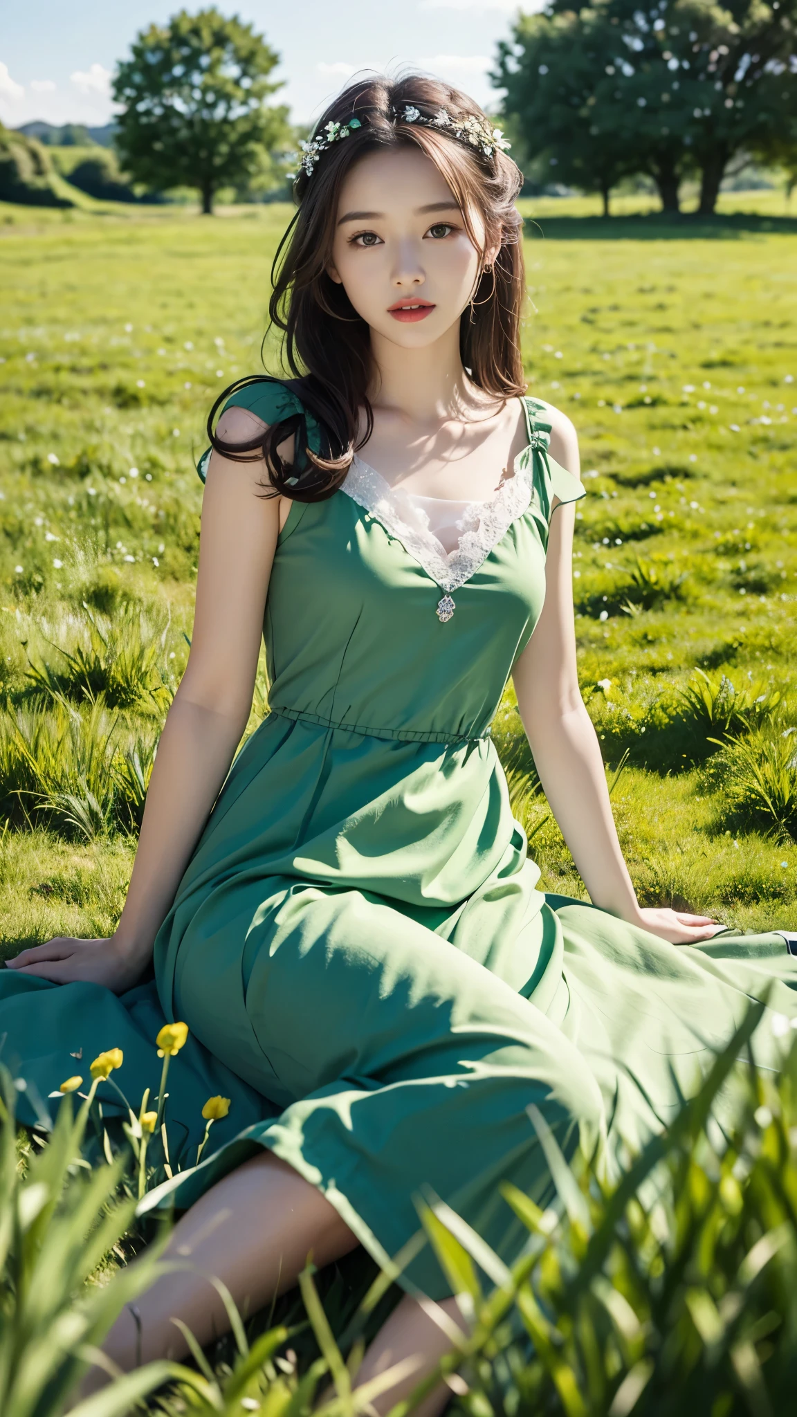 she in the green meadow, beautiful girl, high quality, she's perfect, beautiful dress:1.3, perfect skin,