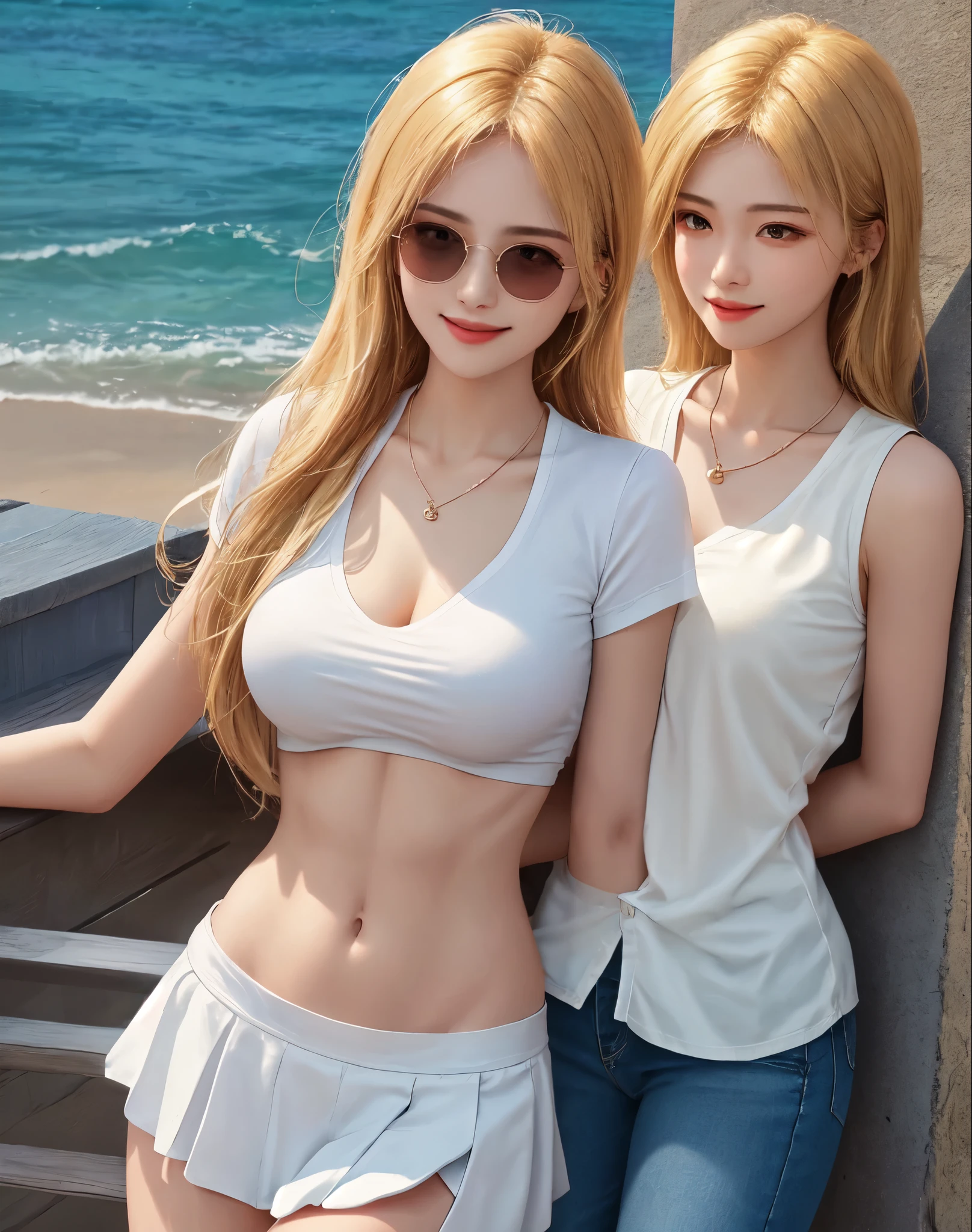 4K, masterpiece, high resolution, abdominal musclesurdres,Natural volumetric lighting and optimal shadows, Deep scene, sharp focus, smiling,Soft, delicate, beautiful and charming face,edge of asia,
Beautiful blonde Nadia,Wearing sunglasses and a necklace,
White shirt and denim skirt, diaphragm,abdominal muscles,
wearing edge of asia, cowboy shooting