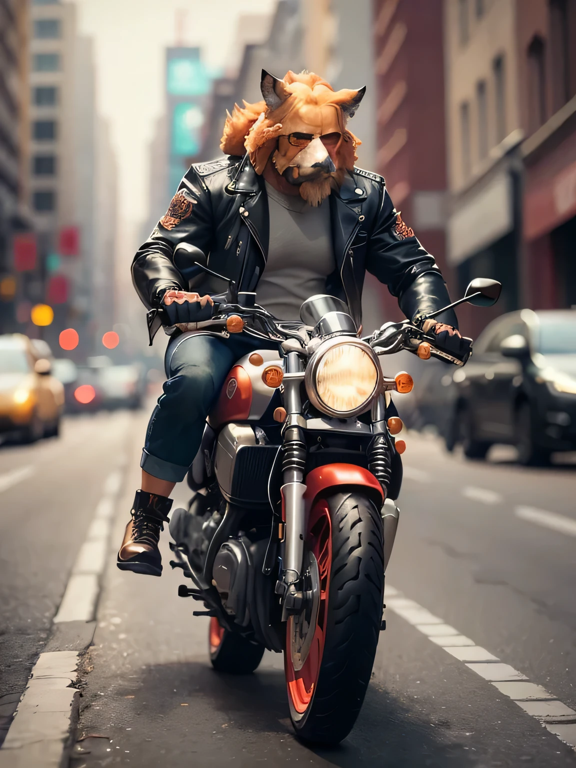 Outfits, (ultradadetailed), gang theme, jacket. a man with 48 years old riding a motorcycle in dim lights, smoke, shadows, corrupt cityscapes, top quality, single-player focus, (thin and light: 1.04), short beard, wearing sunglasses, full body, complex (high detail: 1.1), add detail