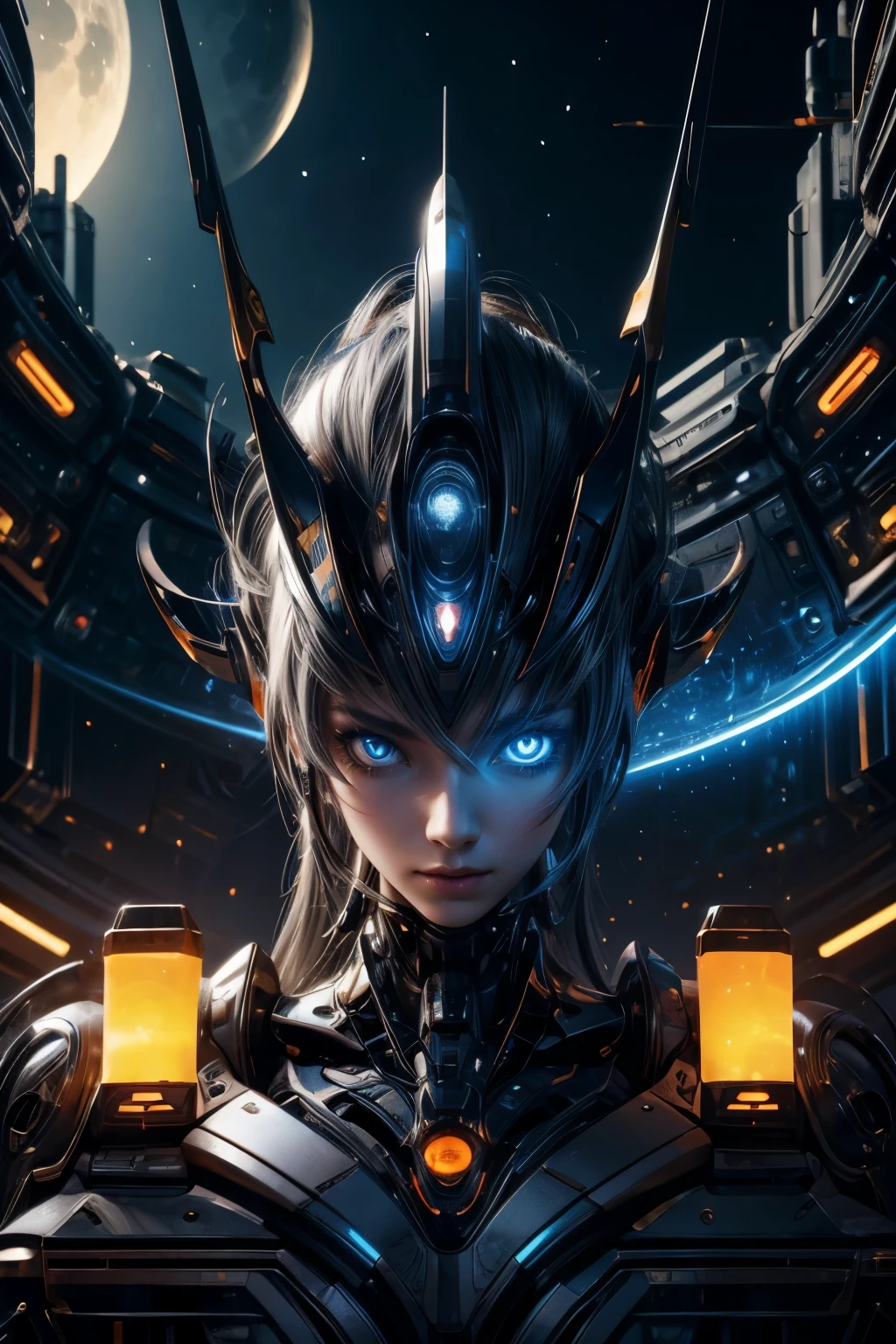 CG Mecha、beautiful eyes、Upper body、woman、（（whole body image））、two person portrait、robot、White orange、neon、8K、born、Highest image quality、muste piece、ultra high resolution、colorful、(Medium-wide)、(Dynamic Perspective)、sharp focus、(Depth of bounds written)、highly detailed eyes and face、beautiful detailed eyes、Black gold、trimming gear:1.2)、((muste piece、Highest image quality))、detailed background、Inside the spacecraft、gray hair、Luminescent、full moon、gtx4090、stand up、matrix、,Crescent Moon、abyss、perfect form、God Breath