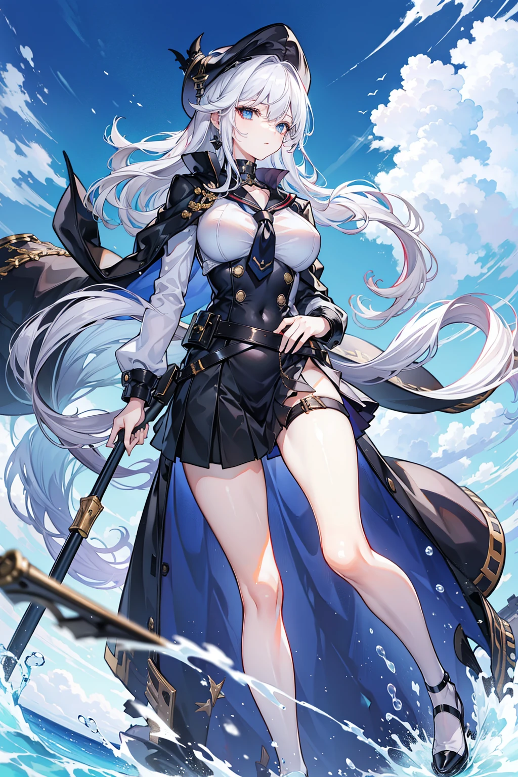 (masterpiece), best quality, perfect face, 1girl, solo, medium height, young adult, young woman, big boobs, (long hair, white hair, bangs), (blue eyes, leadership aura), heels, black skirt, (black sailor cap, captain's hat, black cap), black cape, accessories, black sailor uniform, tie, belt on waist, Dawn, sky, clouds, light, daybreak,