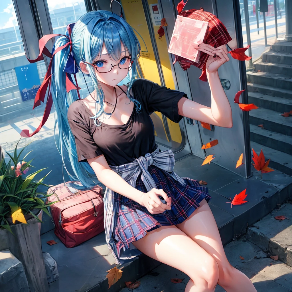 blue hair、Red-blonde、blue eyes、Braid、one good looking girl、solo、anime、Plaid miniskirt、camisole、black t-shirt、Tilting your face、Doing the ribbon、Ribbon at waist、sunset sky、stone stairs、petal、tunnel、Fallen leaves、wearing glasses、、Trying to get on the train、Burning、Have an insect net、Light and shadow