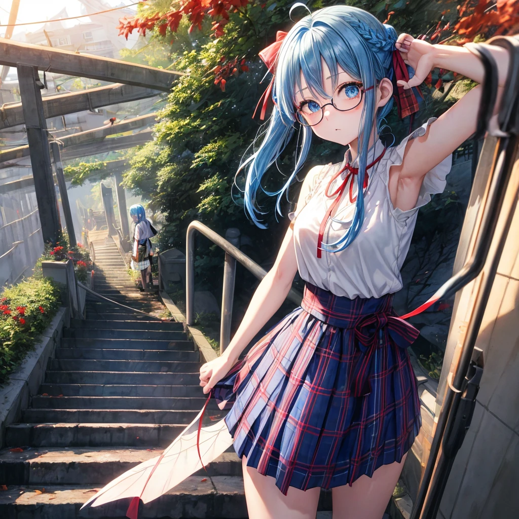 blue hair、Red-blonde、blue eyes、Braid、one good looking girl、solo、anime、Plaid miniskirt、camisole、black t-shirt、Tilting your face、Doing the ribbon、Ribbon at waist、sunset sky、stone stairs、petal、tunnel、Fallen leaves、wearing glasses、、Trying to get on the train、Burning、Have an insect net、Light and shadow