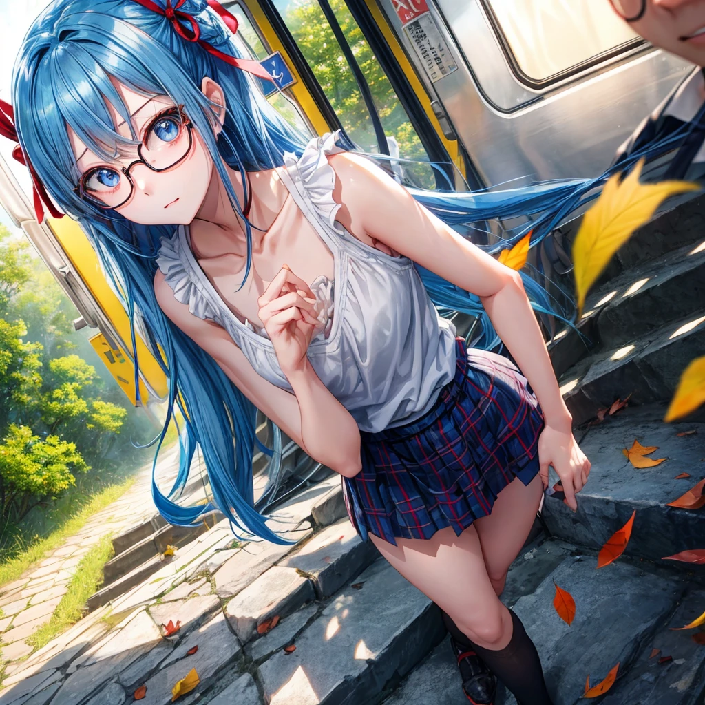 blue hair、Red-blonde、blue eyes、Braid、one good looking girl、solo、anime、Plaid miniskirt、camisole、black t-shirt、Tilting your face、Doing the ribbon、Ribbon at waist、sunset sky、stone stairs、petal、tunnel、Fallen leaves、wearing glasses、、Trying to get on the train、Burning、Have an insect net、Light and shadow