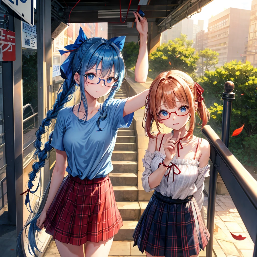 blue hair、Red-blonde、blue eyes、Braid、one good looking girl、solo、anime、Plaid miniskirt、camisole、black t-shirt、Tilting your face、Doing the ribbon、Ribbon at waist、sunset sky、stone stairs、petal、tunnel、Fallen leaves、wearing glasses、、Trying to get on the train、Burning、Have an insect net、Light and shadow