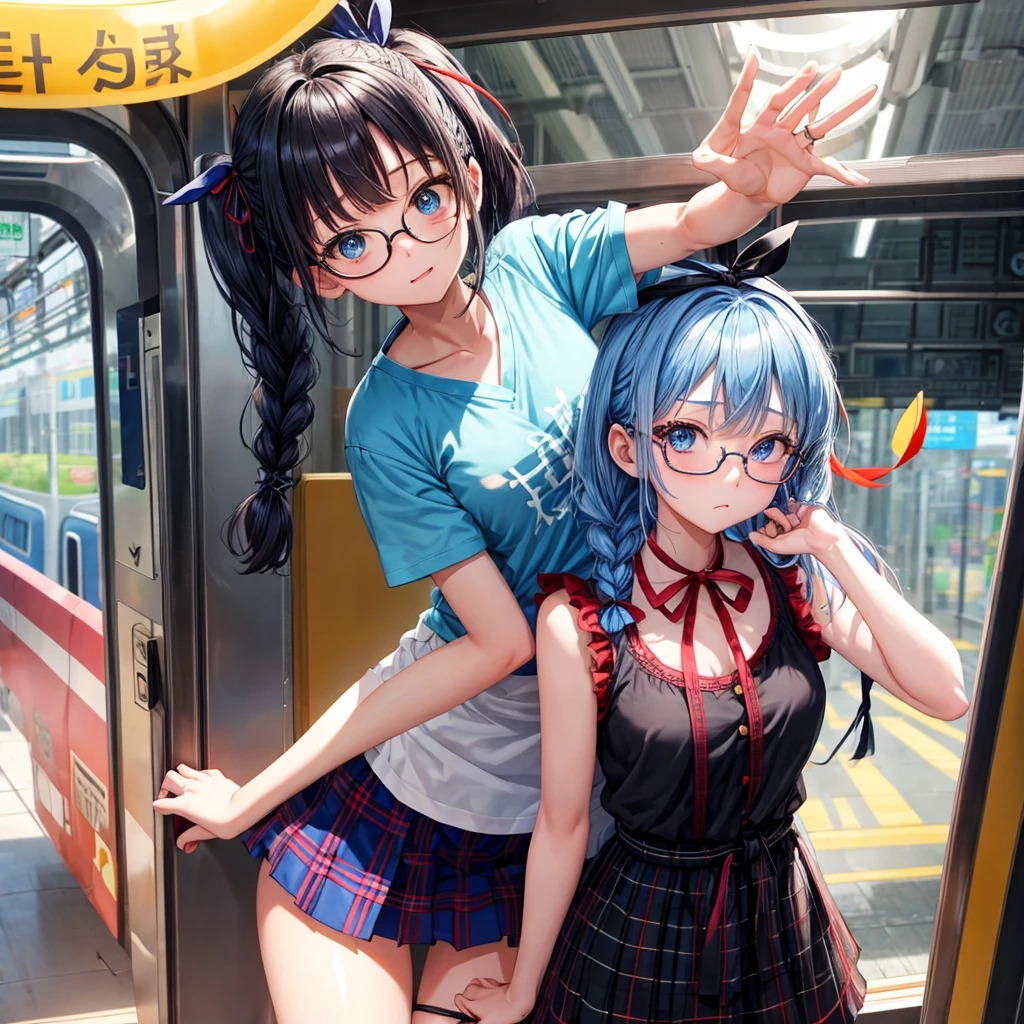 blue hair、Red-blonde、blue eyes、Braid、one good looking girl、solo、anime、Plaid miniskirt、camisole、black t-shirt、Tilting your face、Doing the ribbon、Ribbon at waist、sunset sky、stone stairs、petal、tunnel、Fallen leaves、wearing glasses、、Trying to get on the train、Burning、Have an insect net、Light and shadow