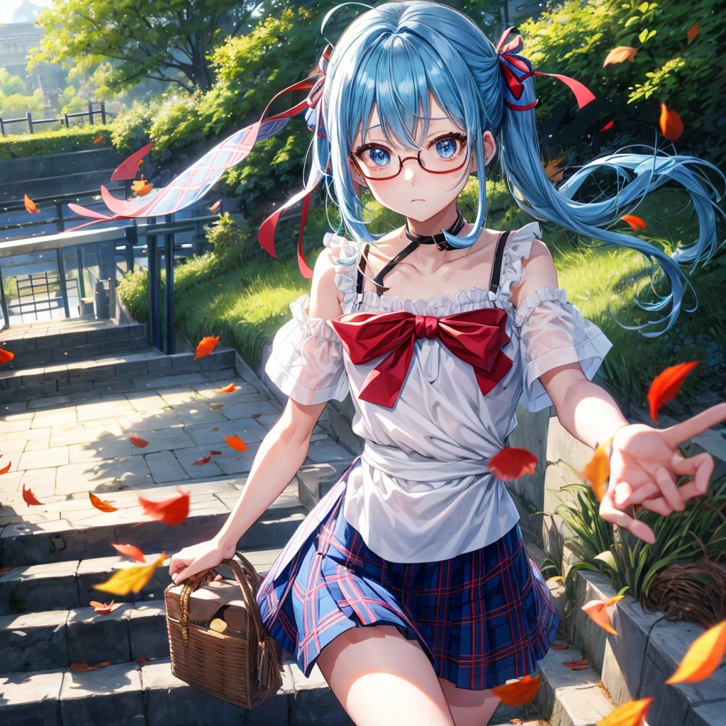 blue hair、Red-blonde、blue eyes、Braid、one good looking girl、solo、anime、Plaid miniskirt、camisole、black t-shirt、Tilting your face、Doing the ribbon、Ribbon at waist、sunset sky、stone stairs、petal、tunnel、Fallen leaves、wearing glasses、、Trying to get on the train、Burning、Have an insect net、Light and shadow