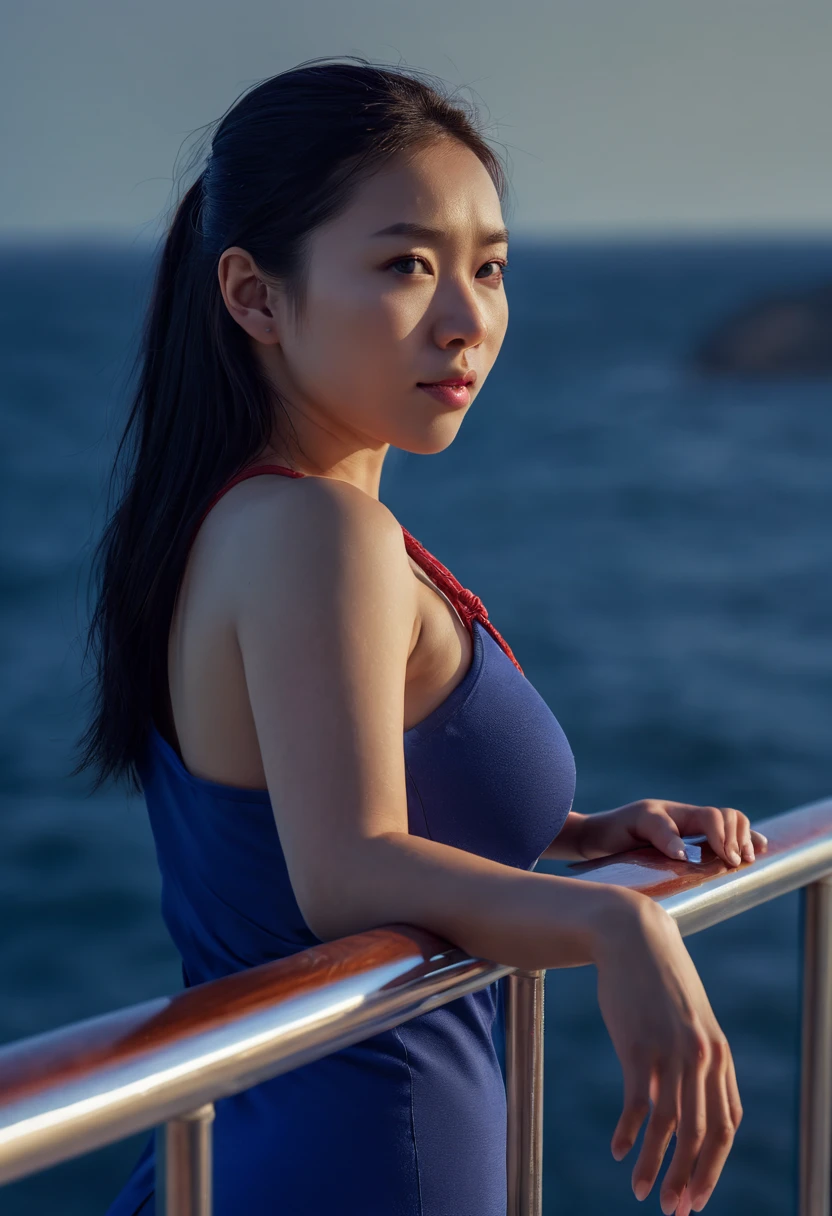 a female captain Leaning on the ship railing, by Miki Asai, (best quality, masterpiece, 8k)