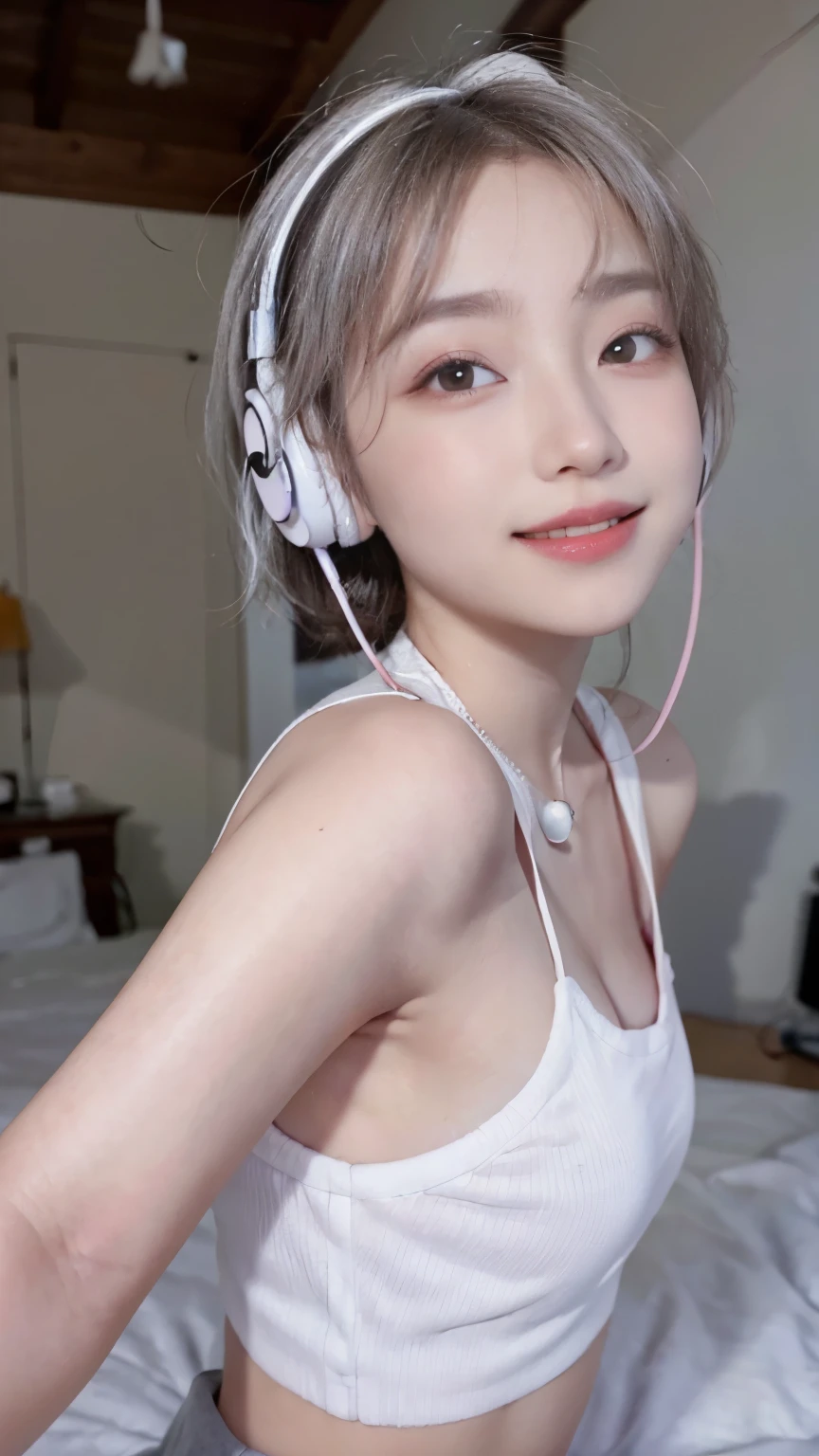 Highest image quality、Live shooting、ultra high resolution、21 year old Korean、small breasts、dynamic angle、cowboy shot、the most beautiful form chaos、elegant、brutalist design、vivid colors、beautiful white hair、short bob、smile、smile、shiny white skin、Beautiful eyes with random colors、Beautiful eyes in every detail、elongated eyes、thin lips、pale pink blush、long eyelashes、beautiful double eyelids、eye shadow、bright room、cropped top、Put the headphones around your neck、shot from the side、sexy pose