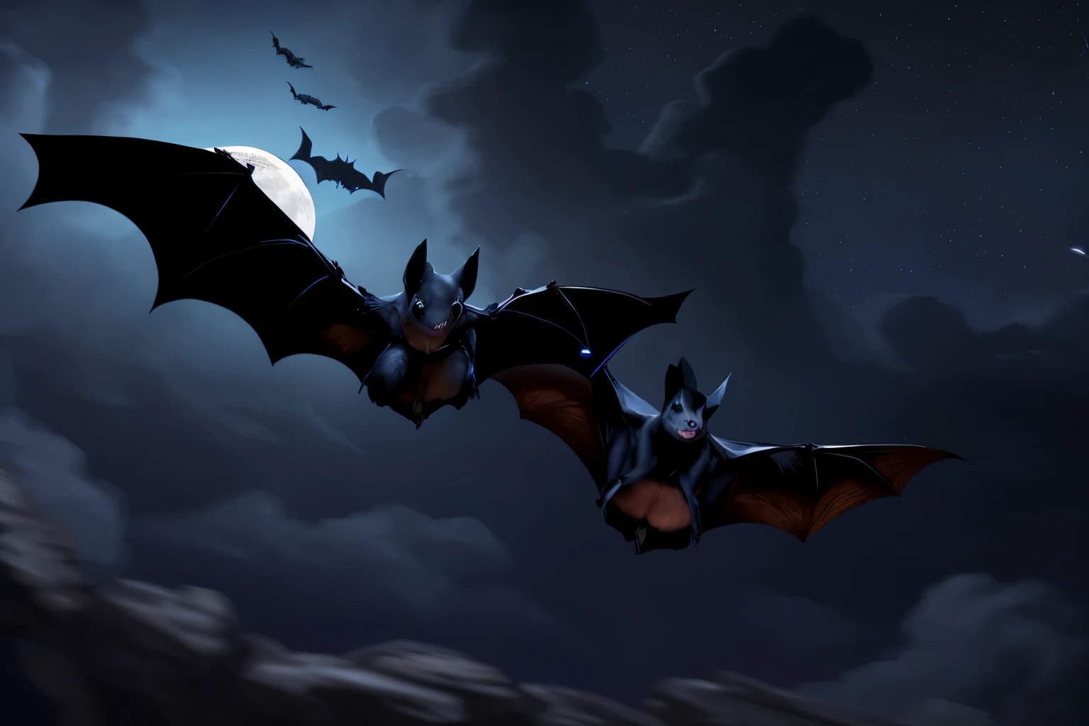 two bats flying in the dark near a cave, bats, real bats, flying bats, vampire bats, swarming swirling bats, bat, bat wings, terrifying but fascinating, adult pair of twins, one blue ) and huge bat ears, bat ears, chiroptera ears, swarm of bats, bats in sky, terrifying!!!