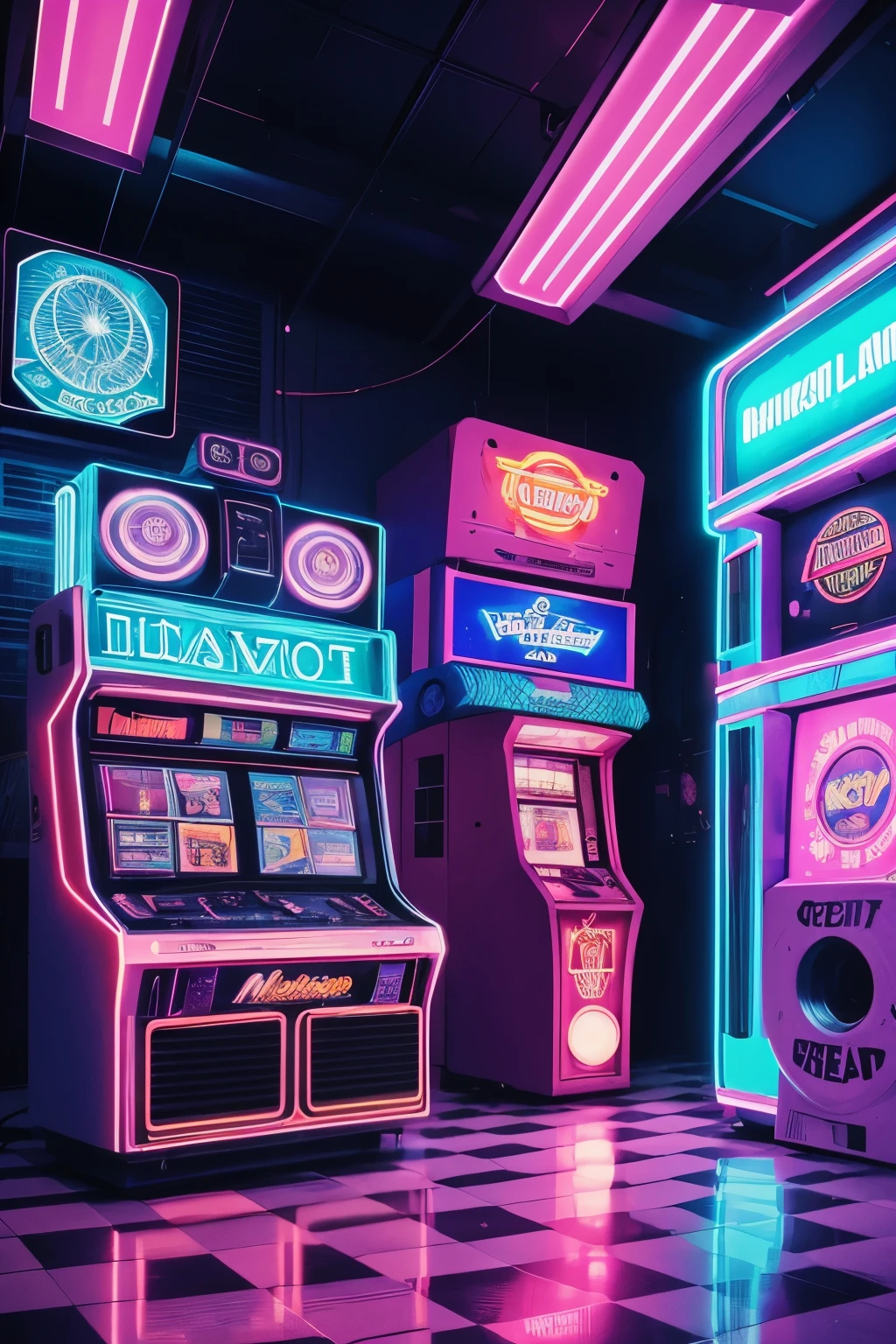 (best quality,4k,8k,highres,masterpiece:1.2),ultra-detailed,(realistic,photorealistic,photo-realistic:1.37),80's coin-operated jukebox,Vaporwave Aesthetic Style,nostalgic neon lights,retro color scheme,retro logo,old-school vibe,glowing neon sign,colors of pink,purple,blue and turquoise,soft-focus lens,cassette tapes floating in the air,retro arcade cabinet,reflection in a polished checkered floor,vibrant and dynamic atmosphere,long shadows created by the dimly lit space,smoke swirls illuminated by colorful lights,stylish customers wearing vintage clothes,soundwaves visualized as colorful patterns,starlit sky in the background with a hint of cityscape,holographic projections of music notes and symbols,televisions displaying distorted images and static,chrome accents and neon details,retro outfits with shoulder pads and leg warmers,people dancing to the music,flashing panels and buttons on the jukebox,glowing palm trees and tropical elements,retro futuristic architecture