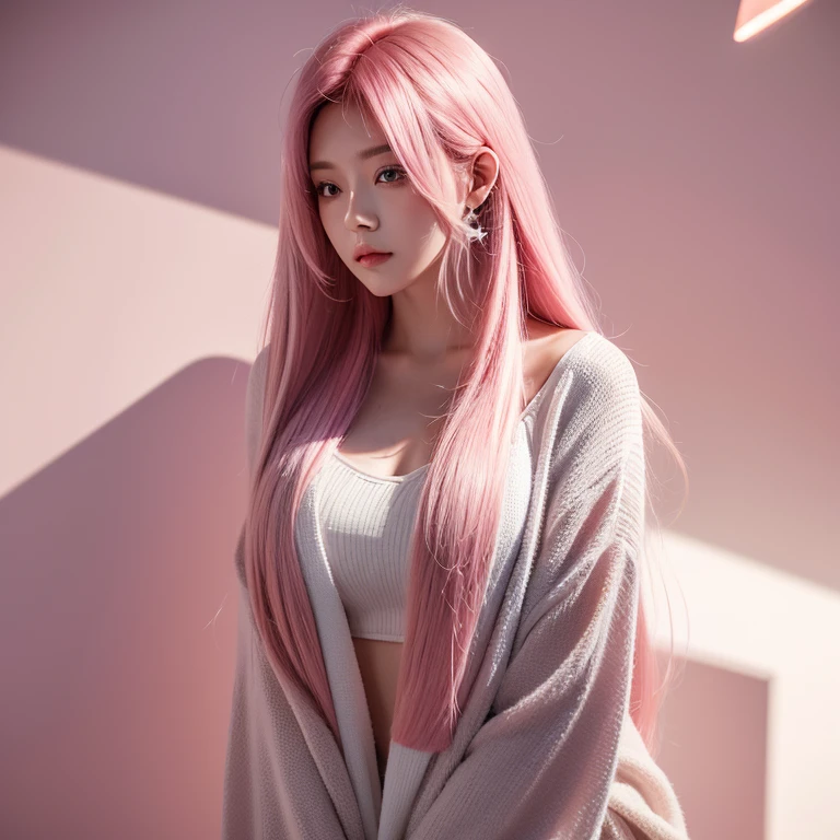pink hair,long hair,One-sided hairpin blush modern lighting,Ray tracing,Projection wide angle lens ultra high definition,textured skin,high detail,Best quality 4K