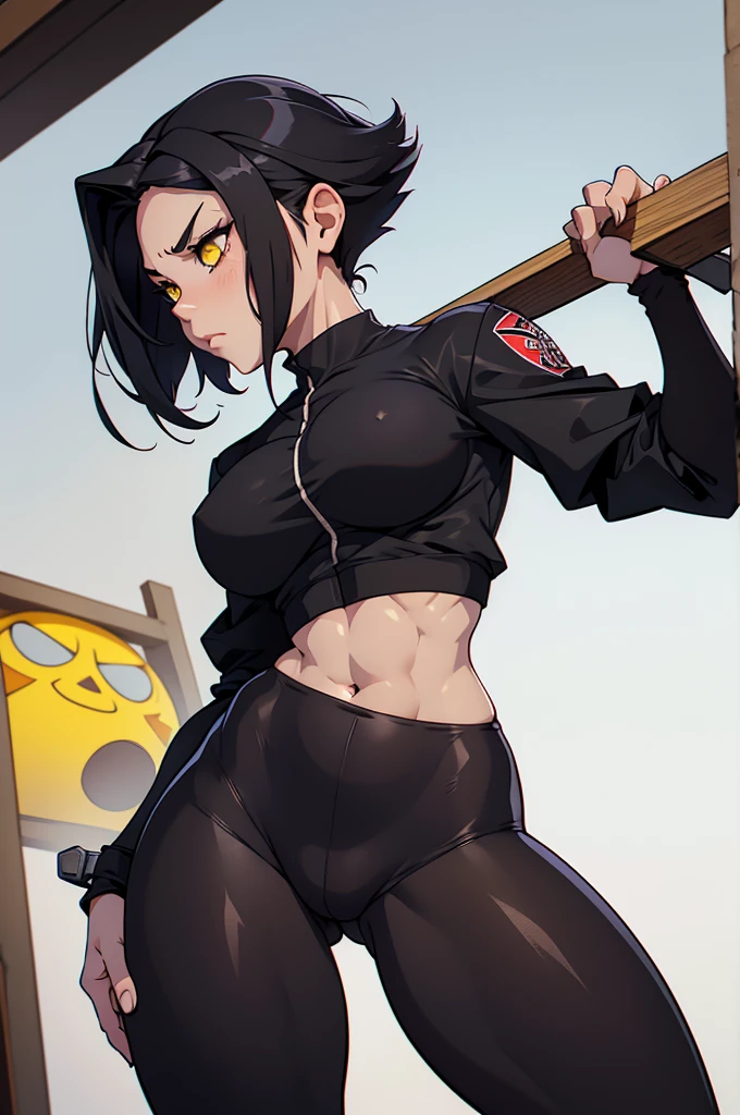 perfect anatomy girl muscular girl toned body girl large breasts girl thick girl angry girl best quality girl black hair girl yellow eyes girl pale girl pale girl,linda mulher morena, musculosa , usando short legging withe, meia calça preta, cabelo curto, belos olhos, olhos lindos, amarelos, camisa branca, jaqueta de couro preta, shorts, short legging white, cidade beco escuro pantyhose black