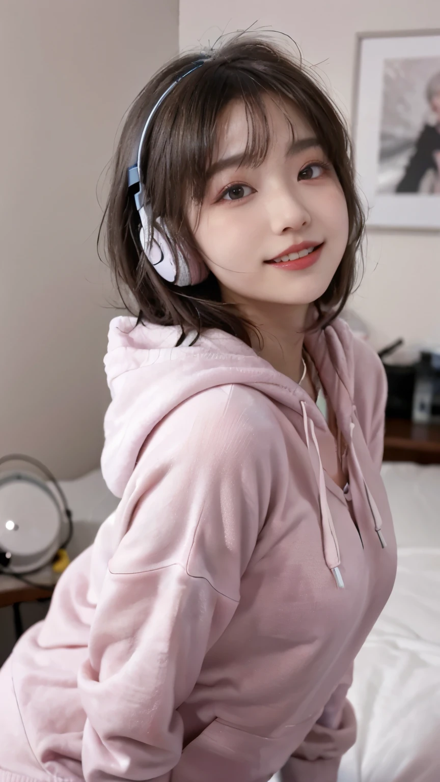 Highest image quality、Live shooting、ultra high resolution、21 year old Korean、small breasts、dynamic angle、cowboy shot、the most beautiful form chaos、elegant、brutalist design、vivid colors、beautiful white hair、short bob、smile、smile、shiny white skin、Beautiful eyes with random colors、Beautiful eyes in every detail、elongated eyes、thin lips、pale pink blush、long eyelashes、beautiful double eyelids、eye shadow、bright room、Big hoodie、Put the headphones around your neck、shot from the side、sexy pose