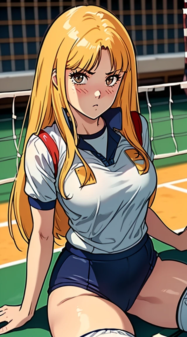 ((table top, highest quality, High resolution, nffsw, perfect pixel, 4K, nffsw, nffsw))), 1 girl, single, alone, beautiful woman、18-year-old、I could see the whole body、 ((long hair)), ((brown eyes, beautiful eyelashes, realistic eyes)), ((detailed face, blush:1.2)), ((smooth texture:0.75, realistic texture:0.65, realistic:1.1, Anime CG style)), small breasts, ((full body shot))、 slender body, (((Gym Uniforms、navy blue bloomers、high leg bloomers、volleyball clothes)))、playground、physical education sitting