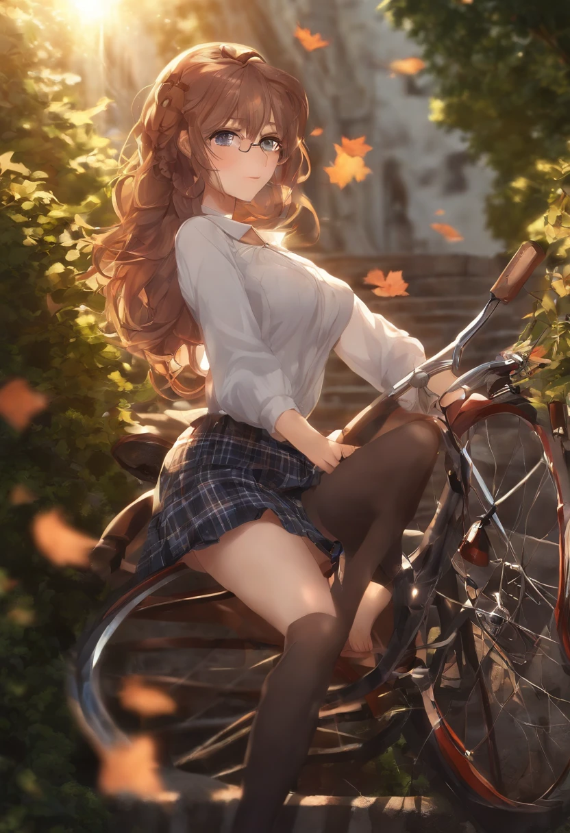 black brown hair、Red-blonde、blue eyes、Braid、one good looking girl、solo、anime、Plaid miniskirt、camisole、black t-shirt、Tilting your face、Doing the ribbon、Ribbon at waist、sunset sky、stone stairs、petal、tunnel、Fallen leaves、wearing glasses、、Riding a bicycle、Burning、Have an insect net、Light and shadow