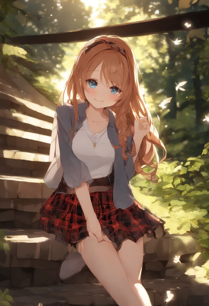 black brown hair、Red-blonde、blue eyes、Braid、one good looking girl、solo、anime、Plaid miniskirt、camisole、black t-shirt、Tilting your face、Doing the ribbon、Ribbon at waist、sunset sky、stone stairs、petal、tunnel、Fallen leaves、wearing glasses、、Riding a bicycle、Burning、Have an insect net、Light and shadow